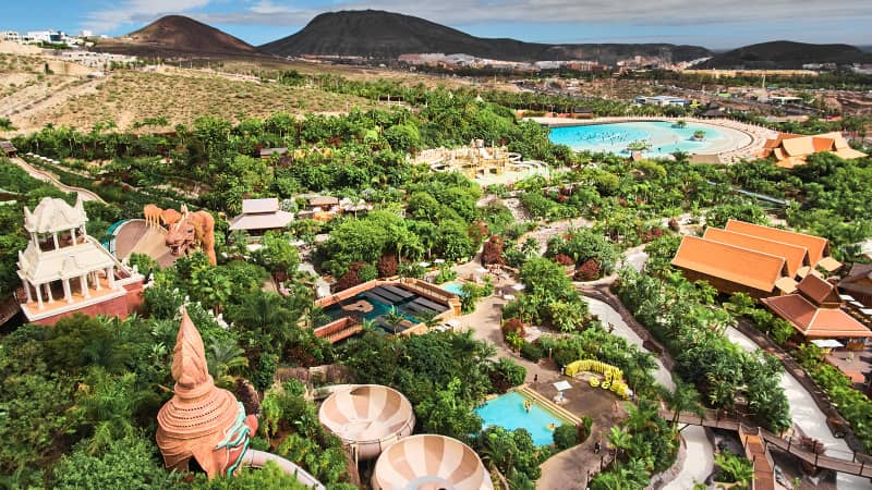 An aerial view of Siam Park on Tenerife, one of Spain's Canary Islands, is shown. 