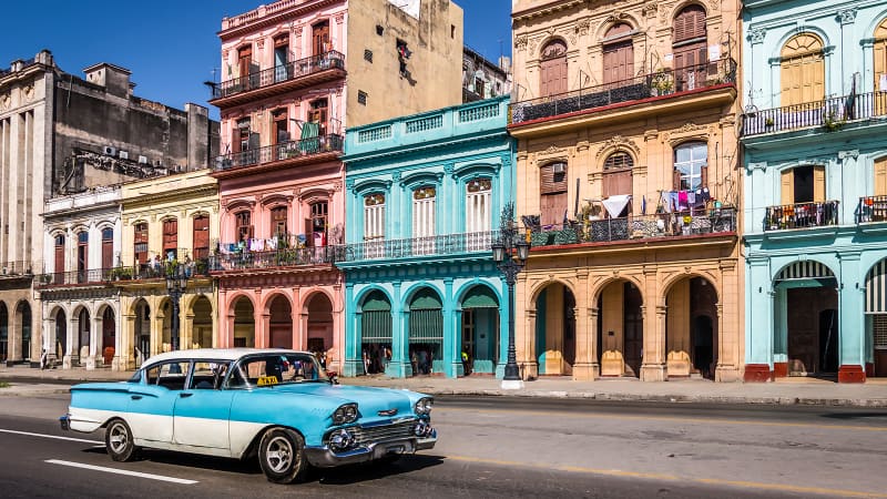 Classic cars are part of the Old Havana scene. Cuba has been moved to Level 1, considered "low" risk for Covid.
