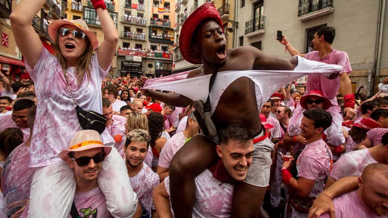 Thousands have taken to the for Pamplona's iconic festival, which began on Wednesday.