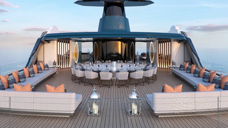 The superyacht's sundeck will be feature an outdoor dining table.