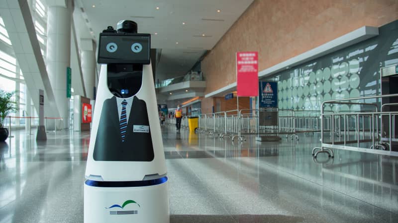 Portal, Rice Robotics' third product, is taller with a touch screen, two-way intercom and streaming cameras for patrolling public areas — such as Captain C, pictured at the Hong Kong Exhibition and Convention Center.