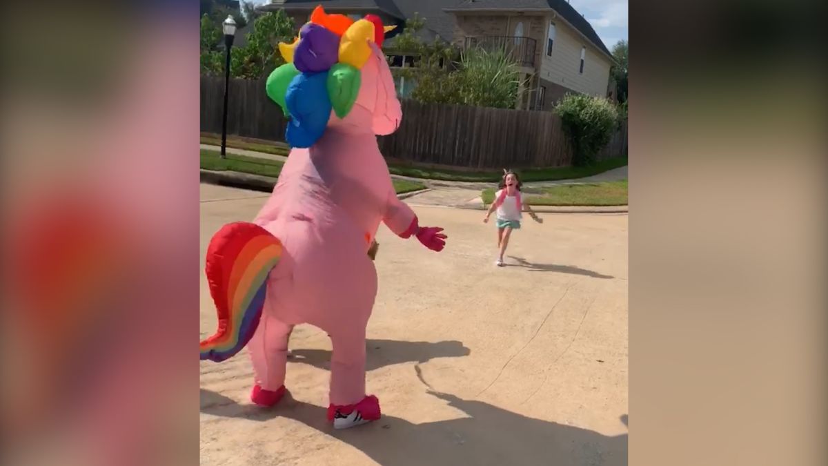 Mom Of The Year Dressed Up As A Massive Pink Unicorn To Surprise