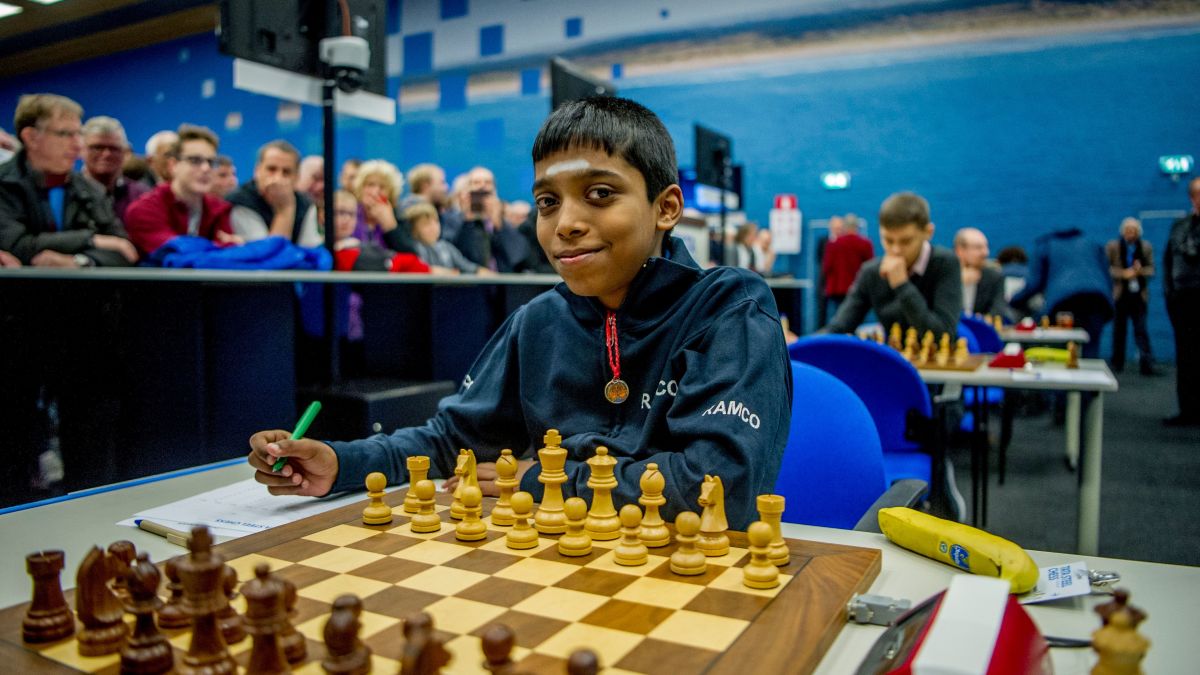 Indian chess prodigy Rameshbabu Praggnanandhaa smiles as his