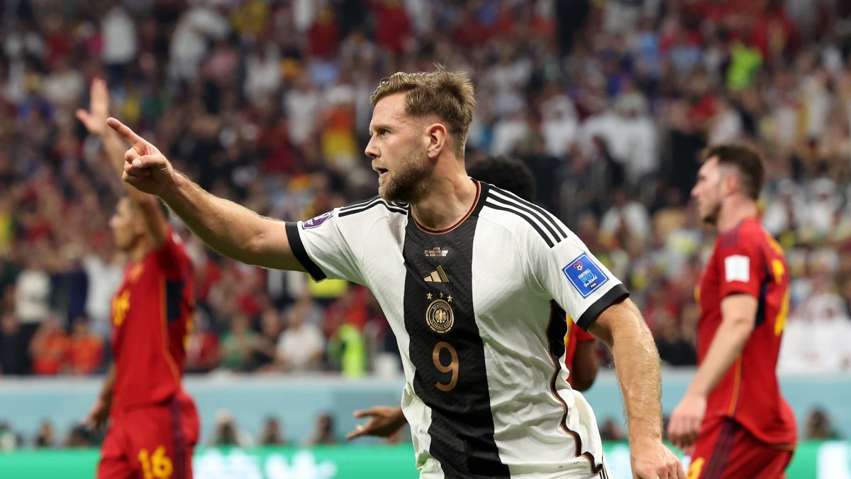 Joshua Kimmich of Germany and Jordi Alba of Spain during the FIFA World Cup  Qatar 2022 match, Group E, between Spain and Germany played at Al Bayt  Stadium on Nov 27, 2022