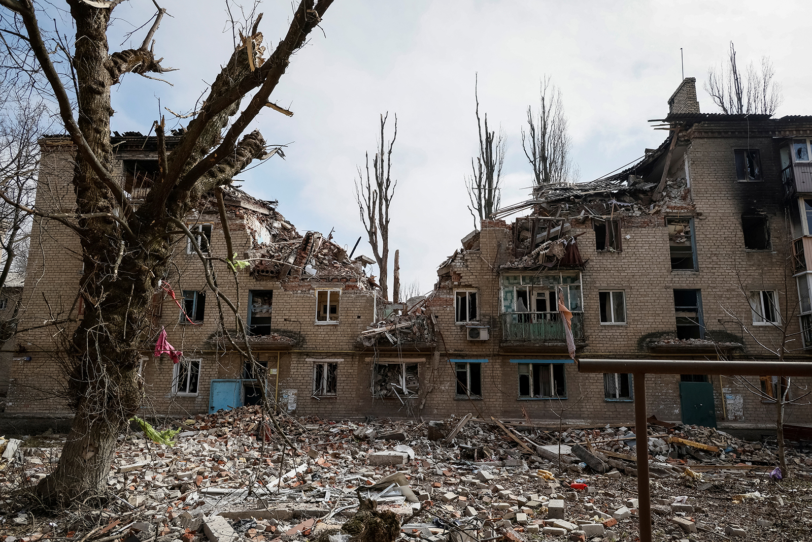 A residential building damaged by a Russian military strike is seen in Avdiivka, Ukraine, on March 20.