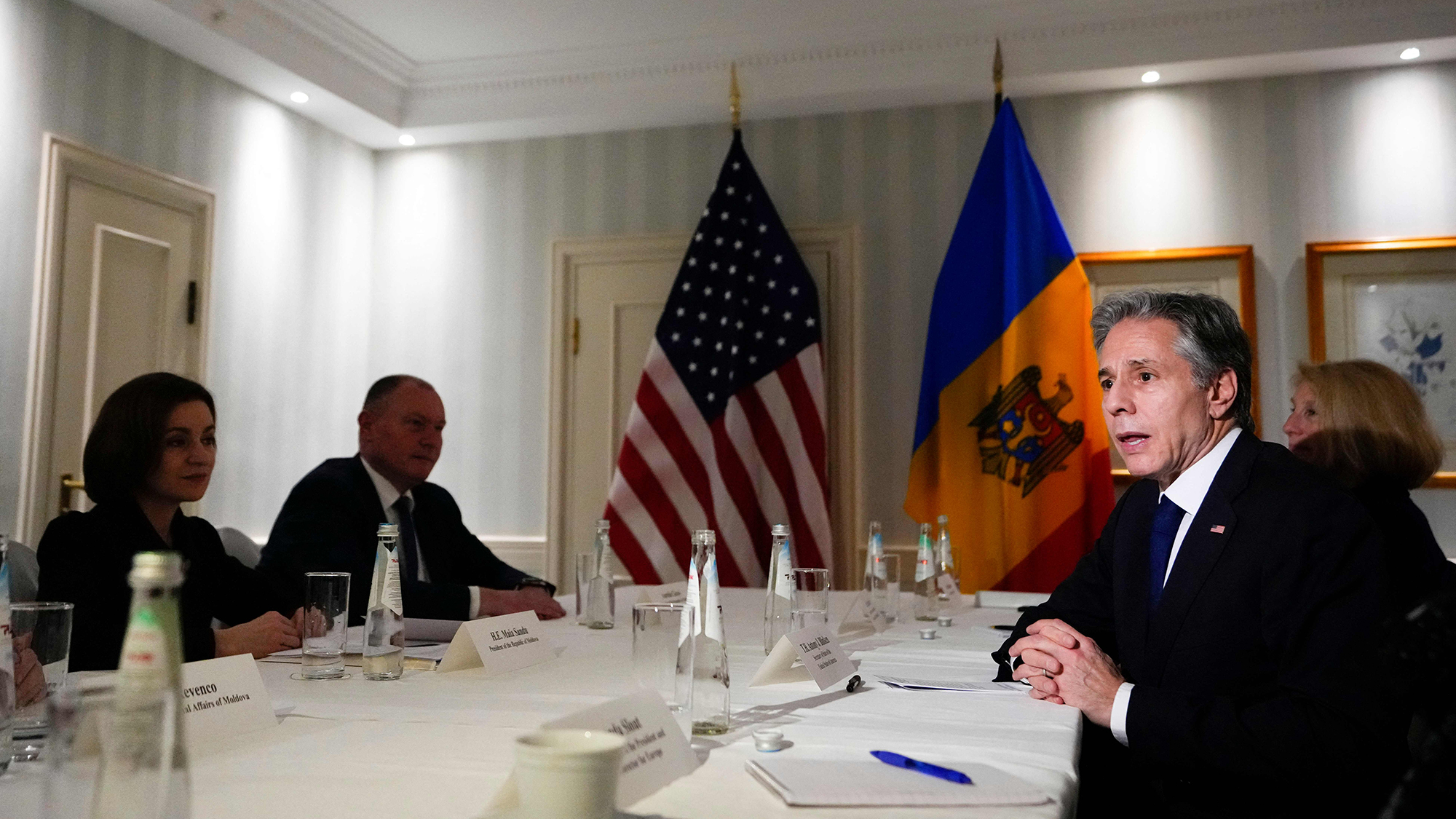 Secretary of State Antony Blinken attends a bilateral meeting with Moldovan President Maia Sandu during the Munich Security Conference on February 17. 