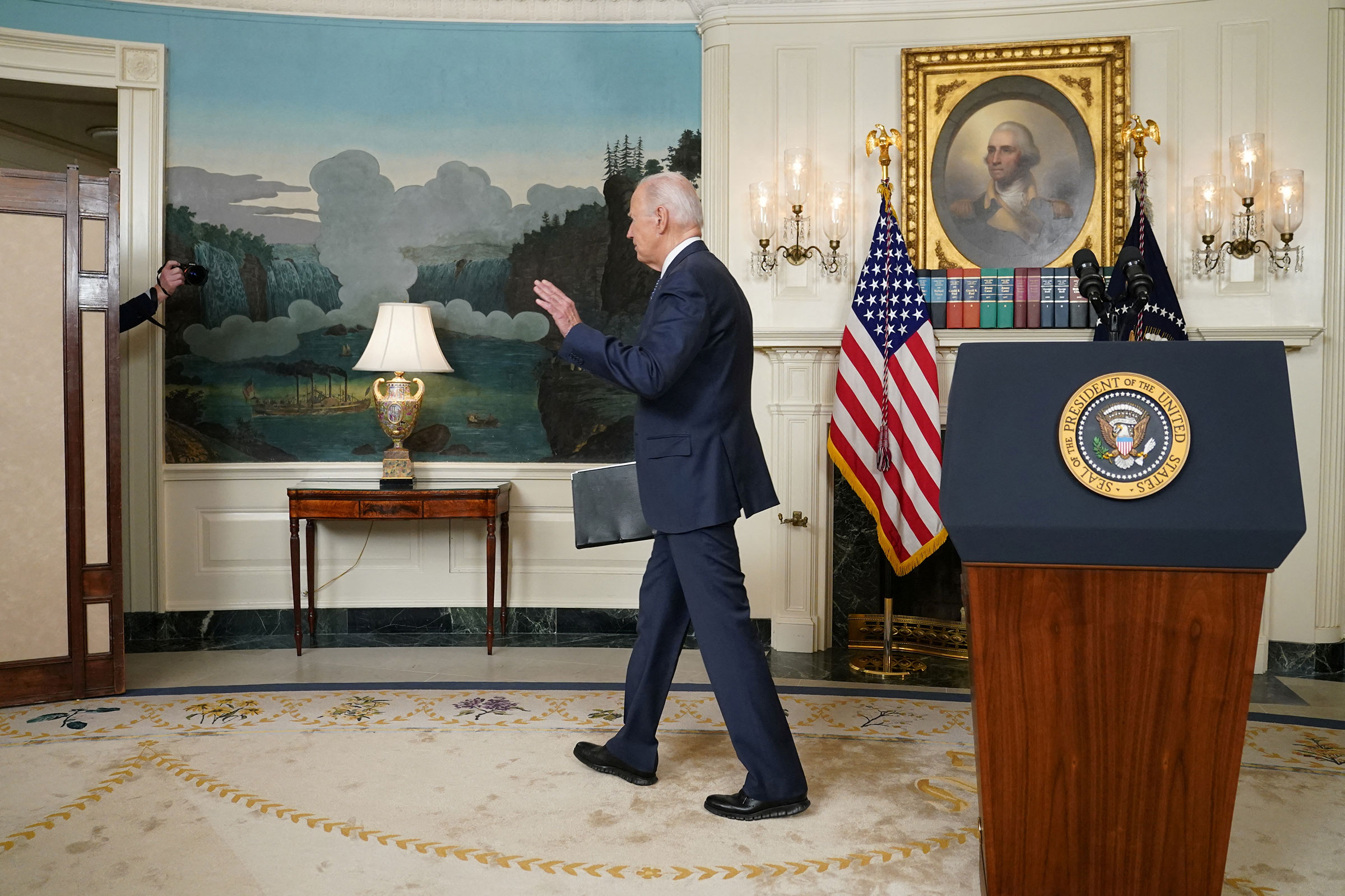 President Joe Biden leaves after delivering remarks at the White House on Thursday.