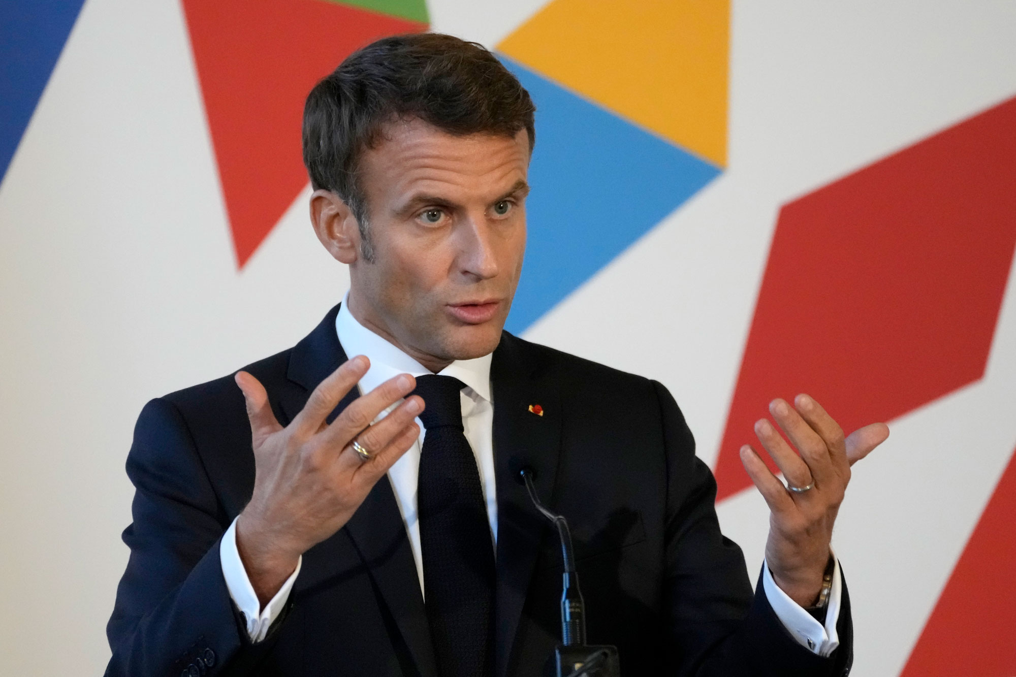 French President Emmanuel Macron speaks during a media conference at the European Union leaders' summit in Prague, Czech Republic, on Friday.