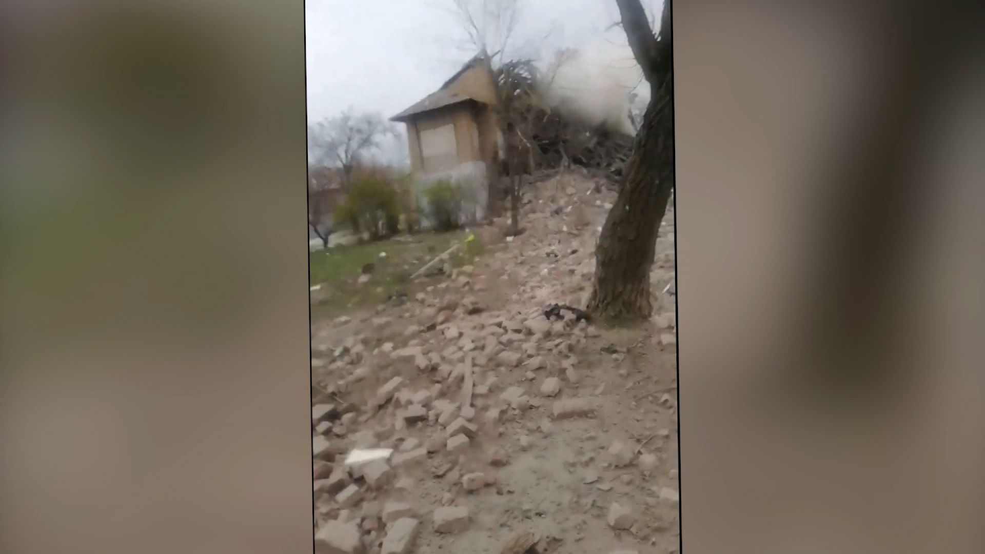 A video grab from Facebook on Monday shows destruction in Rubizhne, Ukraine.