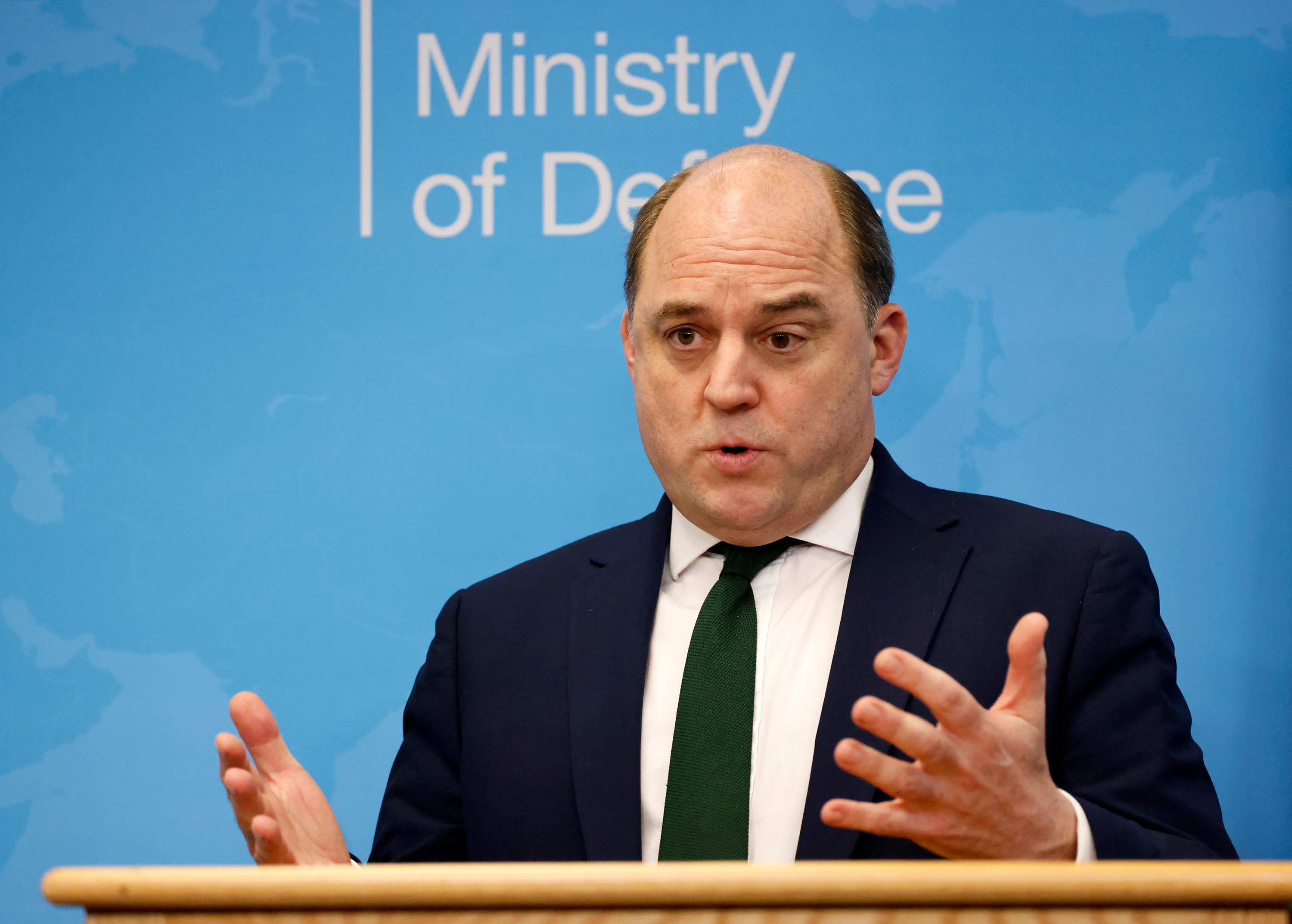 British Defence Secretary Ben Wallace speaks during a joint press conference with Poland's Minister of National Defence Mariusz Blaszczak at the Ministry of Defence Main Building on February 7, 2022 in London, England.