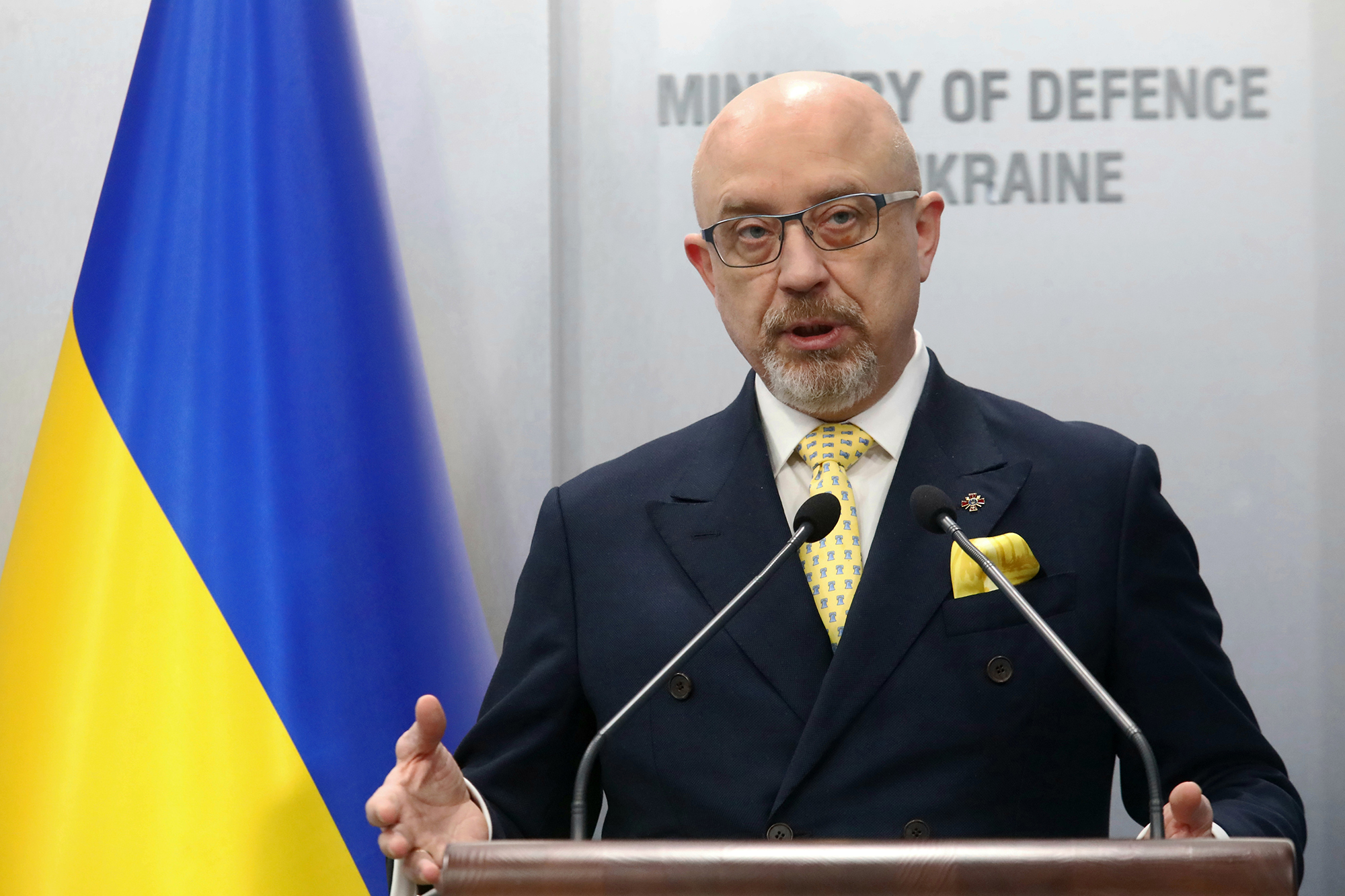 Ukraine’s Defense Minister Oleksiy Reznikov holds a briefing in Kyiv, Ukraine, on February 3.