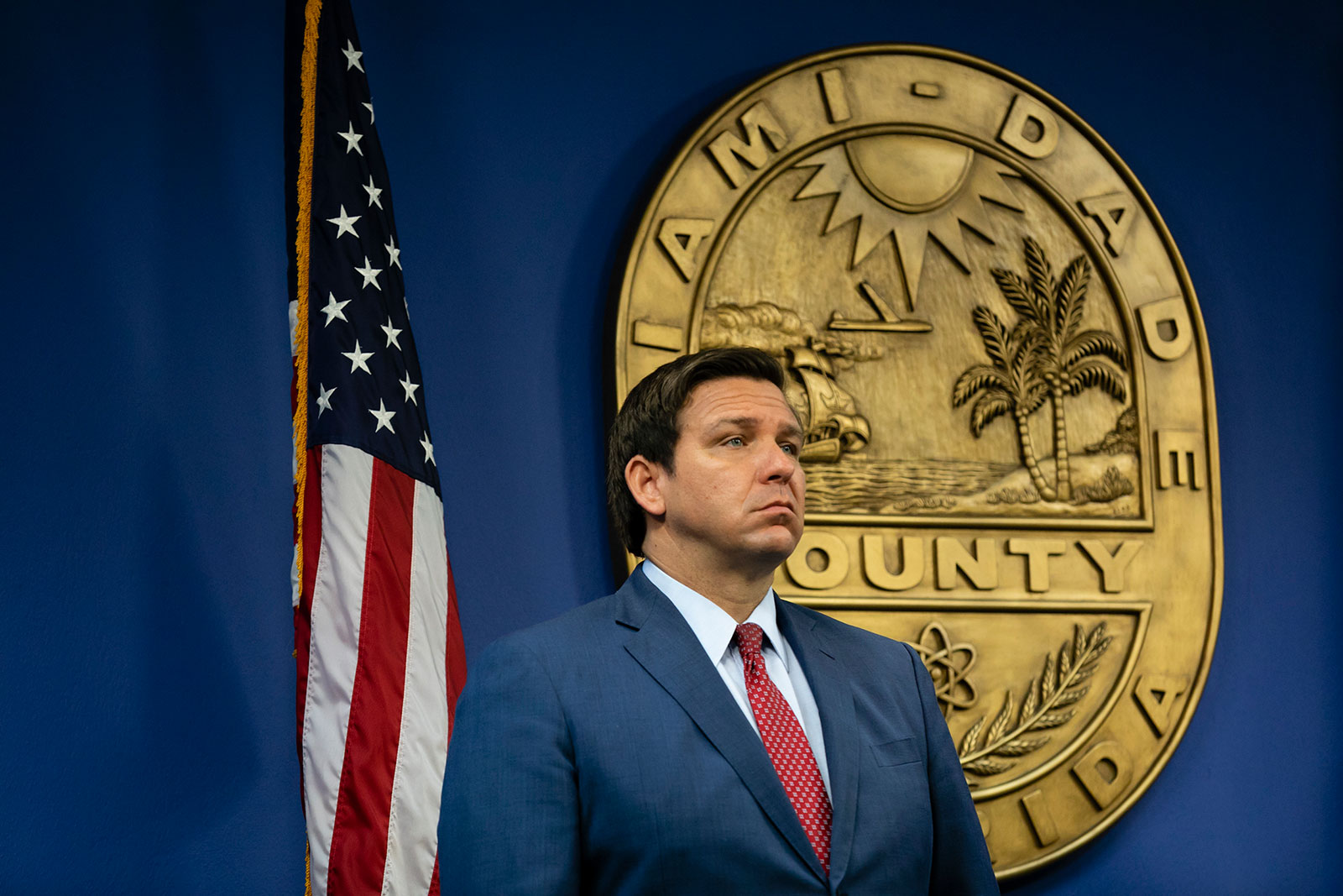 Florida Governor Ron DeSantis looks on during a press conference on June 8 in Miami, Florida.