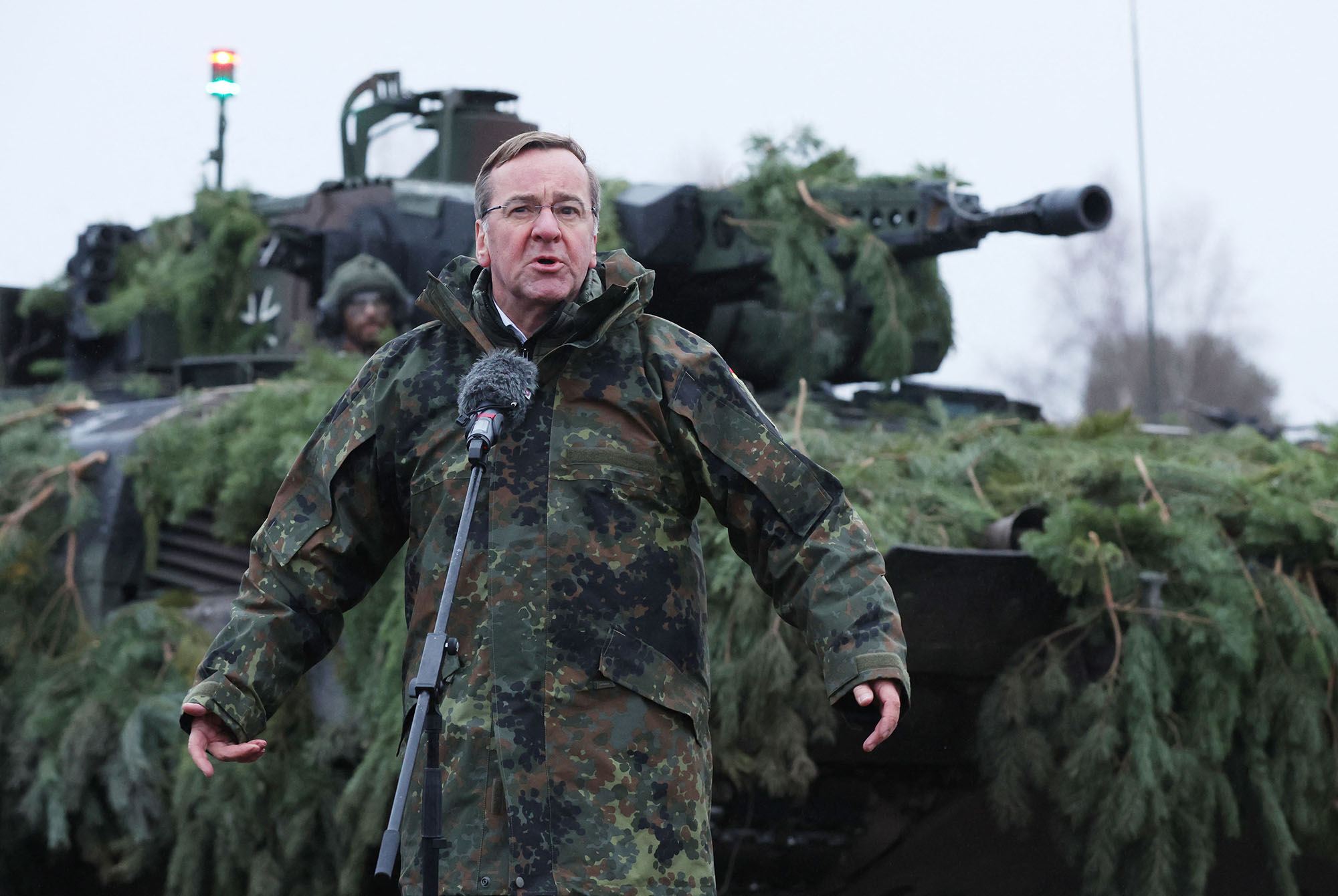 German Defence Minister Boris Pistorius speaks as he pays his first visit to troops of the German armed forces at a military training area in Altengrabow, eastern Germany, on January 26.