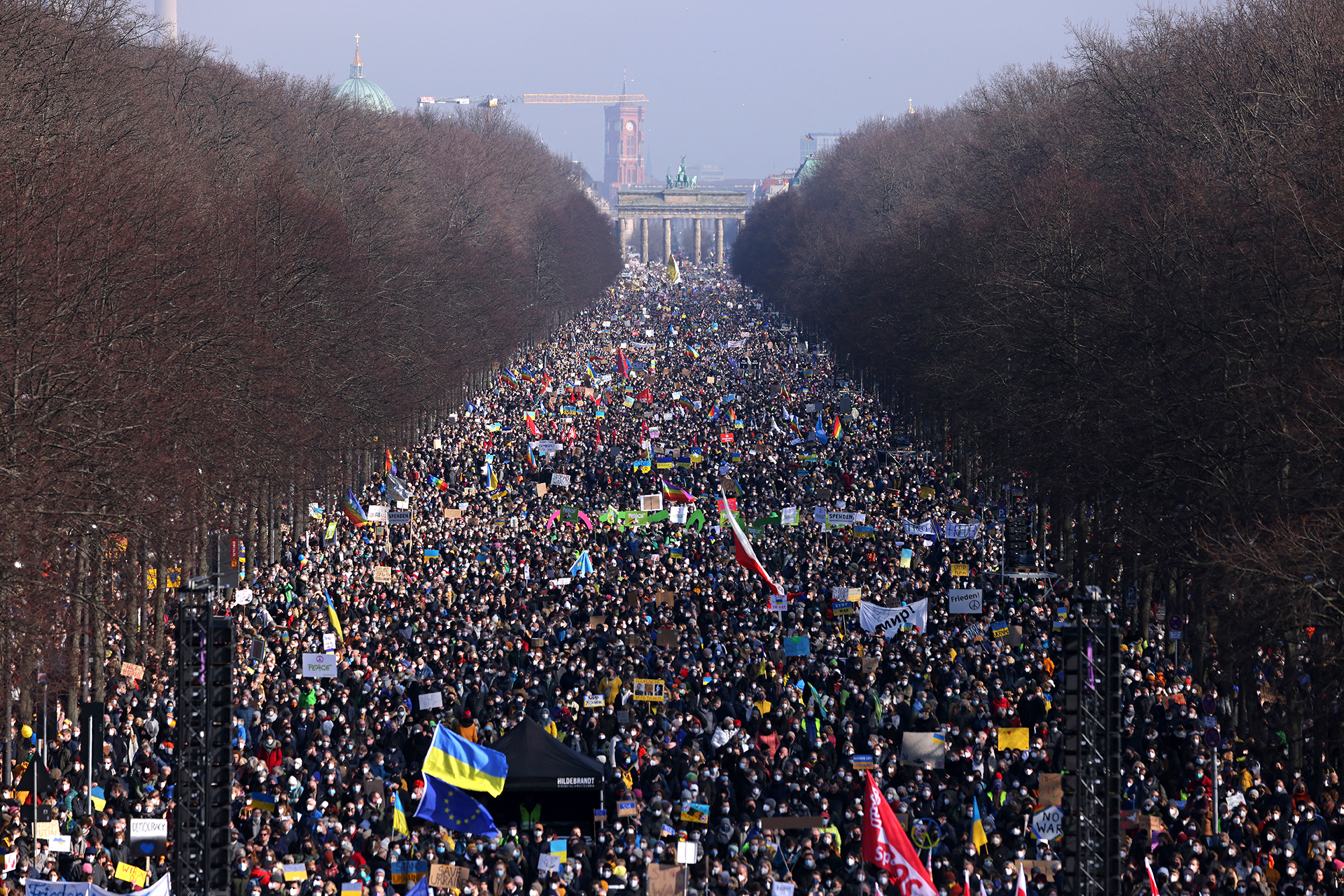 Thousands of people gather in Tiergarten park to protest against the ongoing war in Ukraine on February 27, in Berlin, Germany. 