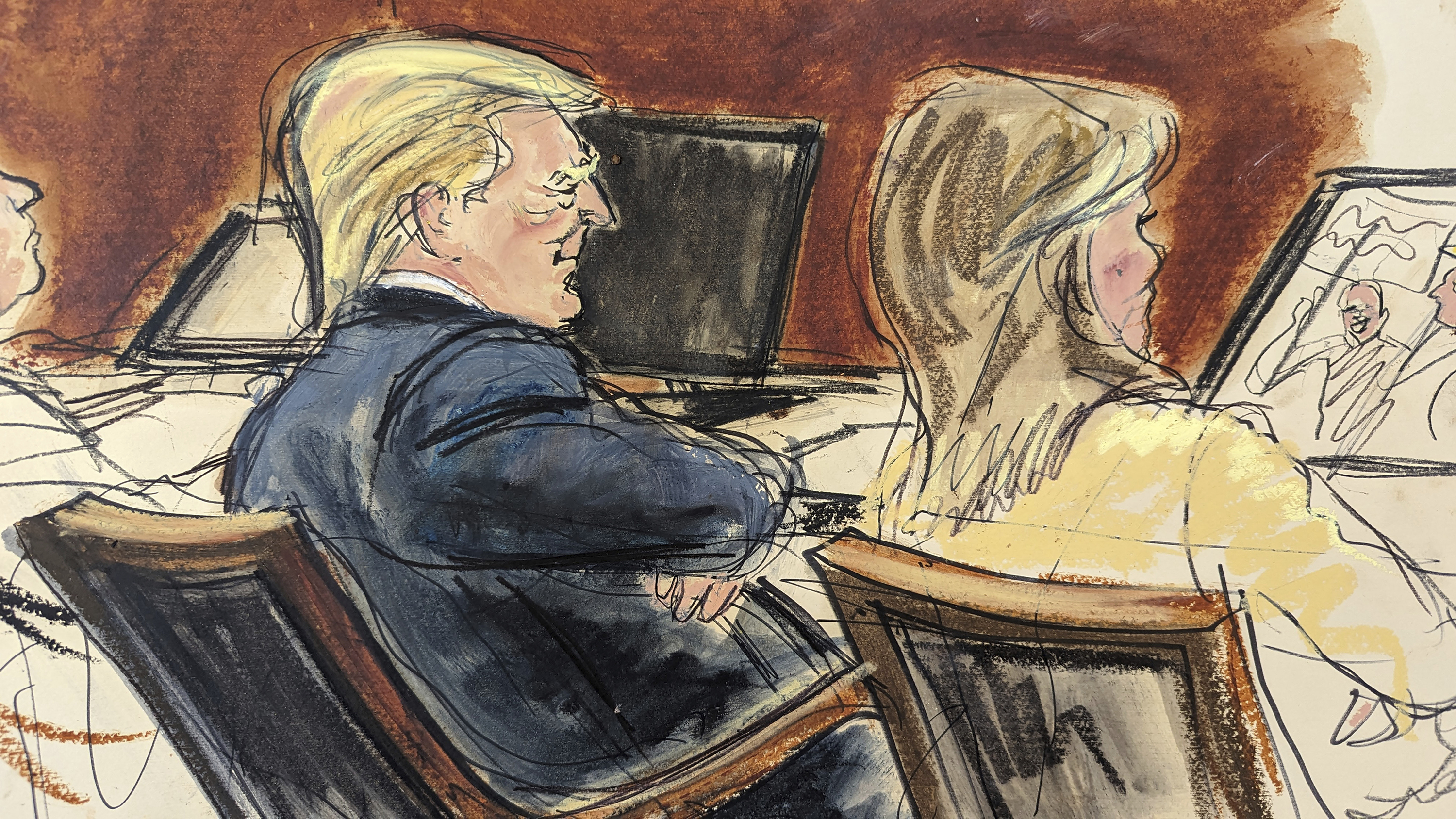 A courtroom sketch shows Donald Trump sitting with arms folded beside his attorney, Alina Habba in Federal Court, in New York, on Wednesday, January 17.