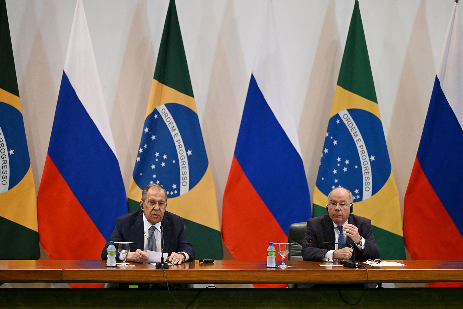 Russian Foreign Minister Sergey Lavrov, left, speaks during a joint press conference with his Brazilian counterpart Mauro Vieira, right, at Itamaraty Palace in Brasilia on April 17. 