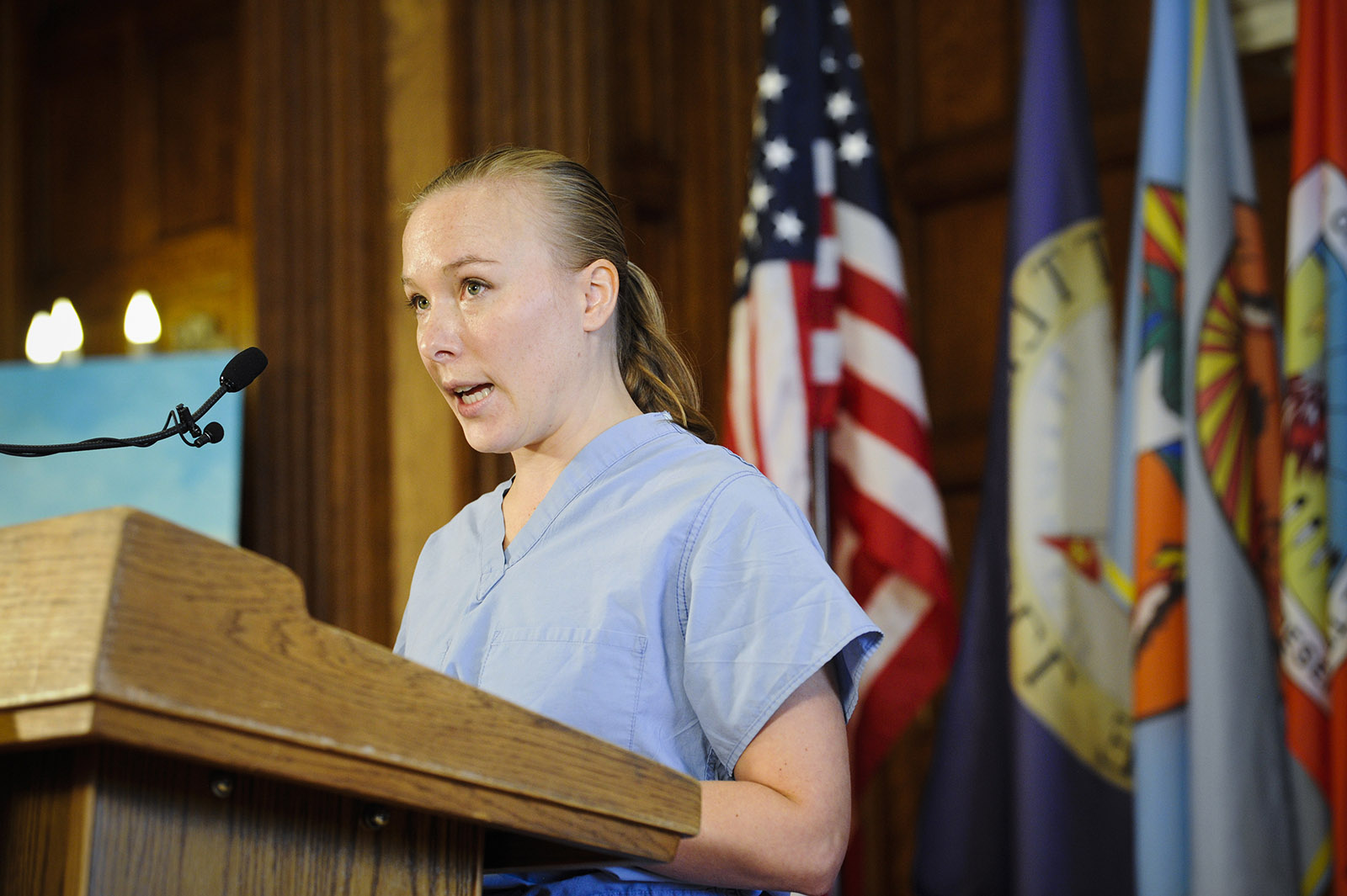 Charlotte Skinner, an Emergency Room nurse at St. Peter's Health, speaks at a Covid-19 press call hosted by Gov. Steve Bullock at the State Capitol, Tuesday, Oct. 20.