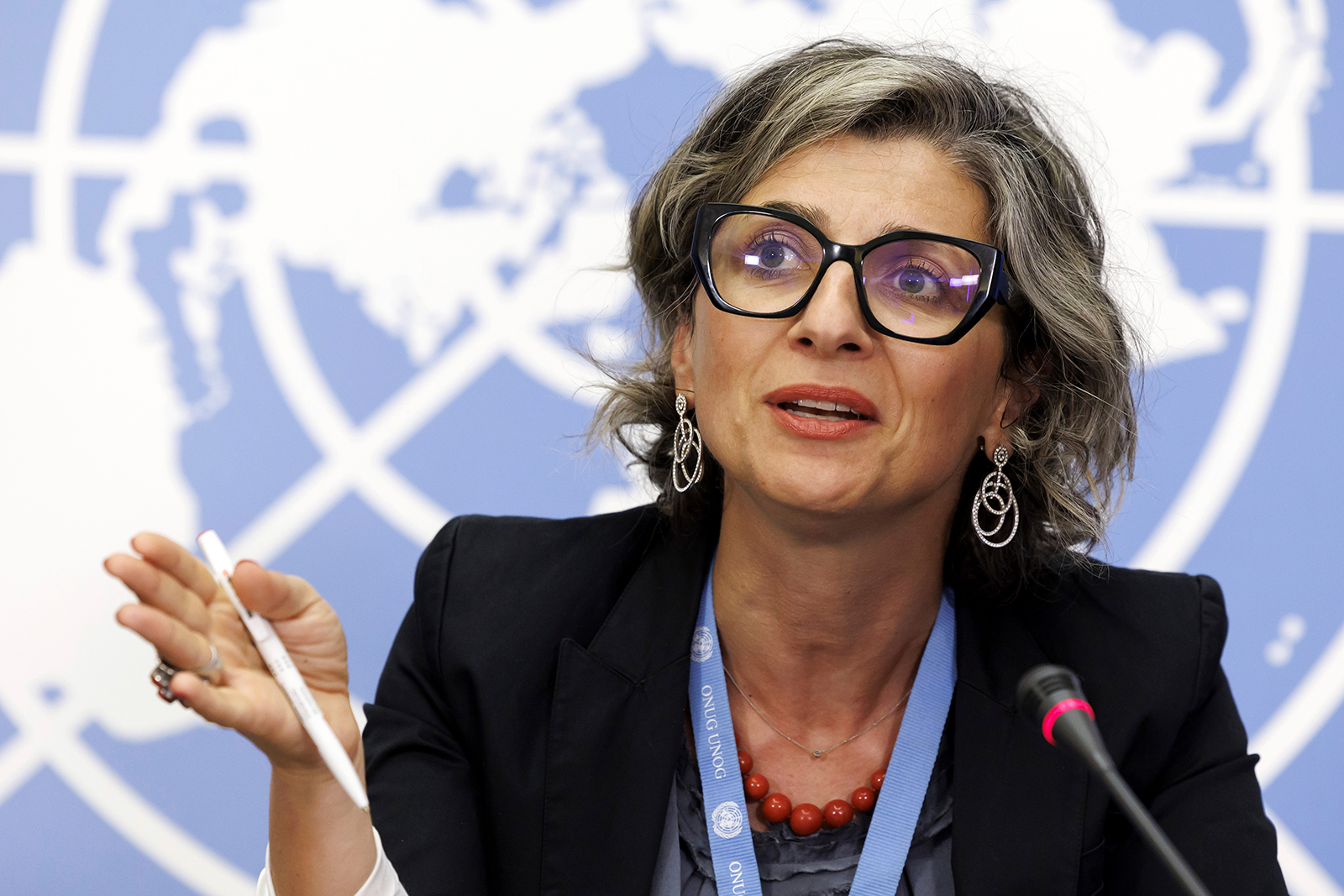 Francesca Albanese talks to the media during a press conference at the European headquarters of the United Nations in Geneva, Switzerland, on July 11, 2023.