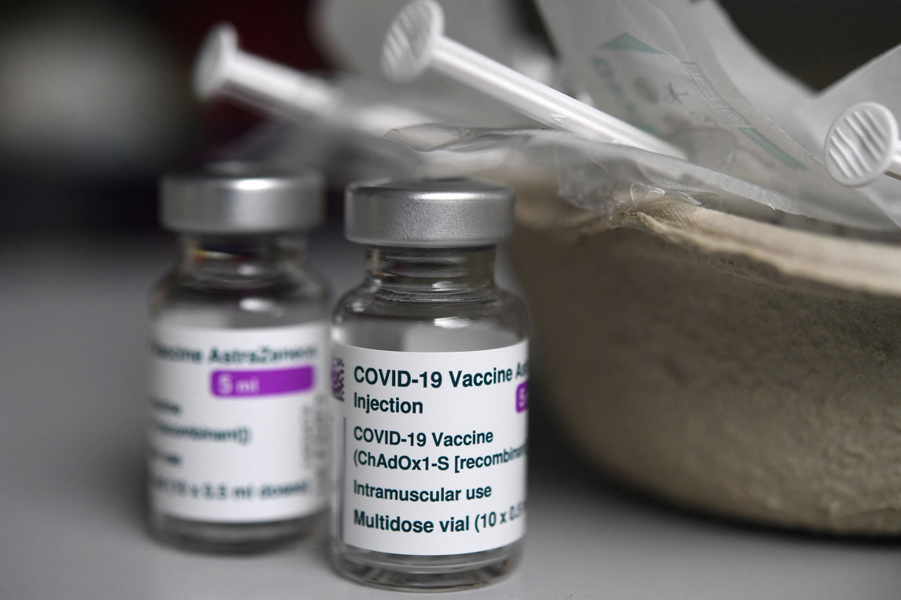 Empty phials of the AstraZeneca Covid-19 vaccine sit at a vaccination center at the Universite Bretagne Occidentale in Brest, France, on March 12. 