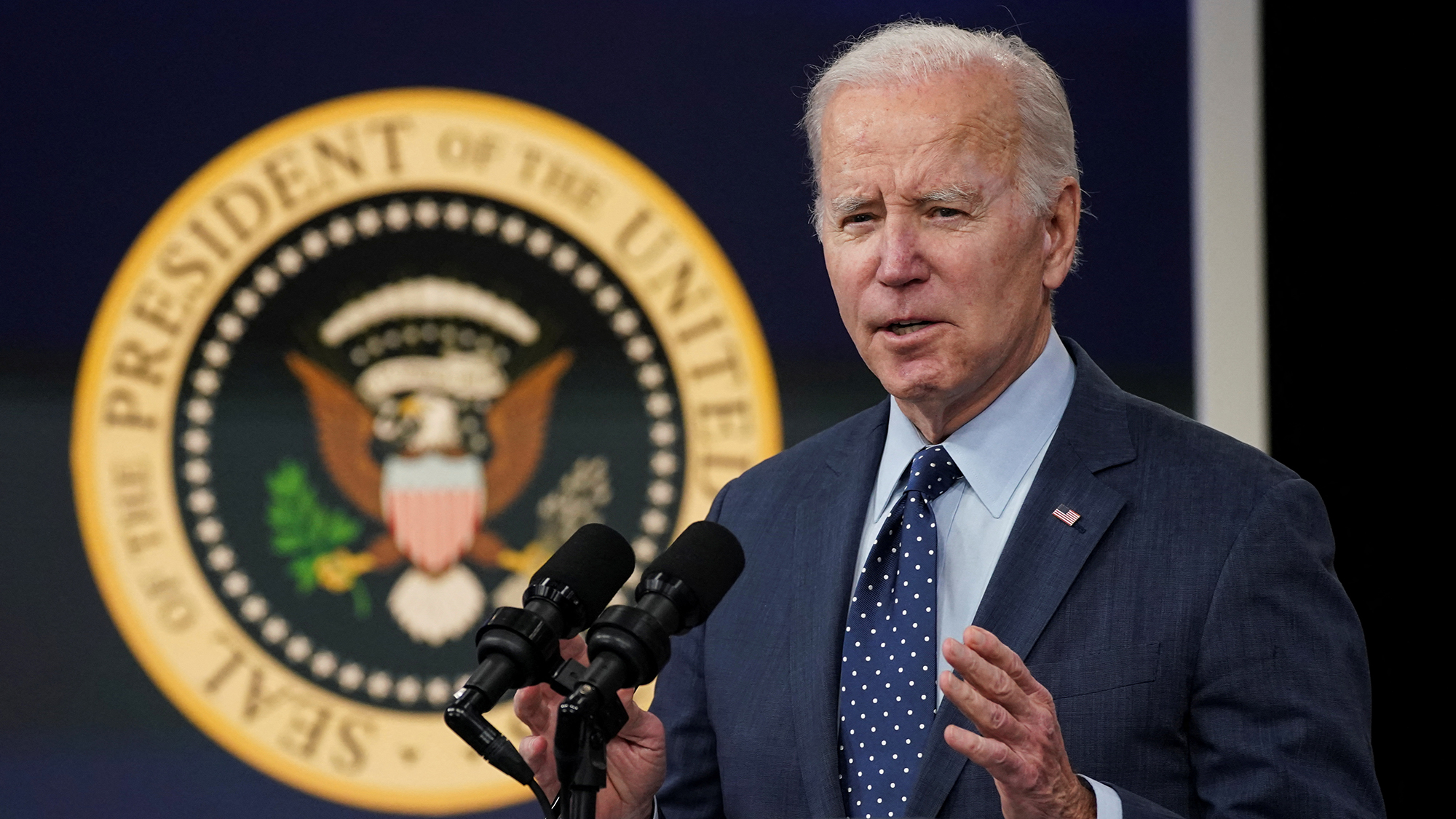 President Joe Biden speaks about a high-altitude Chinese balloon and three other objects that were recently shot down by US fighter jets during brief remarks in the Eisenhower Executive Office Building's South Court Auditorium on the White House in Washington, DC, on Thursday.