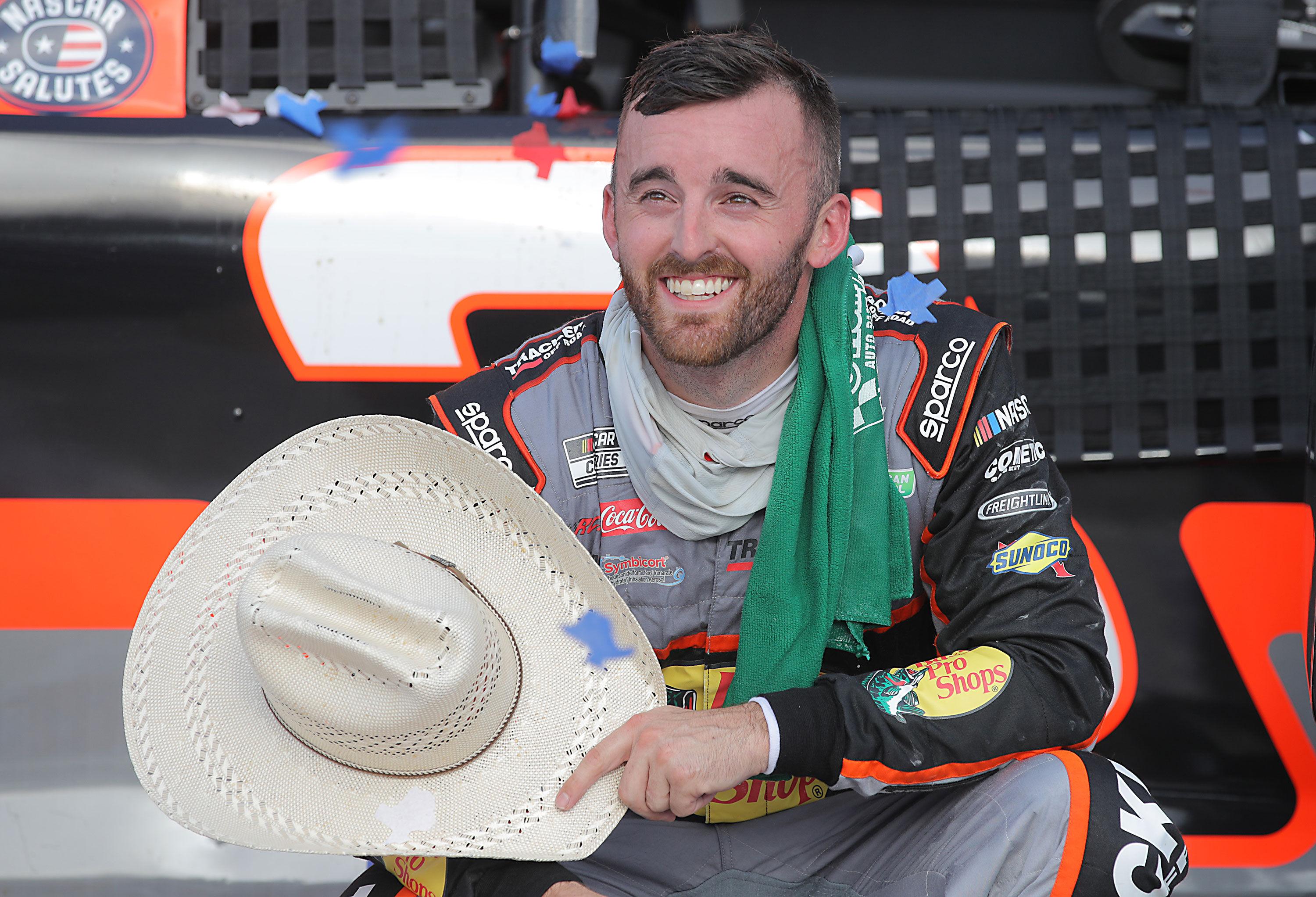 Austin Dillon celebrates after winning the NASCAR Cup Series O'Reilly Auto Parts 500 on July 19 in Fort Worth, Texas.