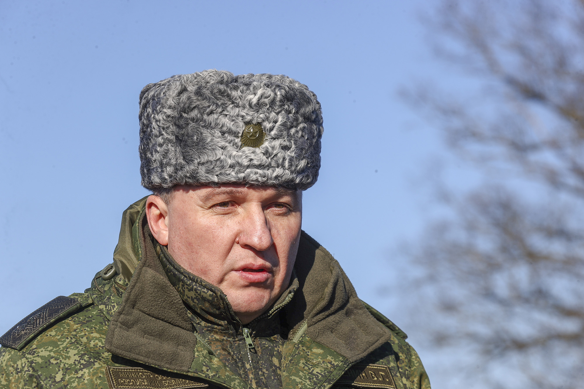 Belarusian Defense Minister Viktor Khrenin inspects the units as Russian and Belarusian armed forces take part in the Allied Determination-2022 military drill in Gomel, Belarus, on February 15.