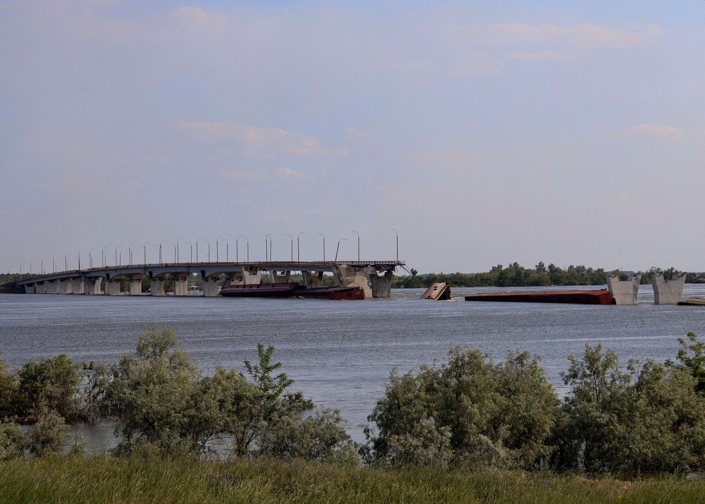 Ukrainian forces first established a bridgehead on the Russian-controlled east bank of the Dnipro River near the Antonivsky Bridge in June, as seen in this image from June 8.