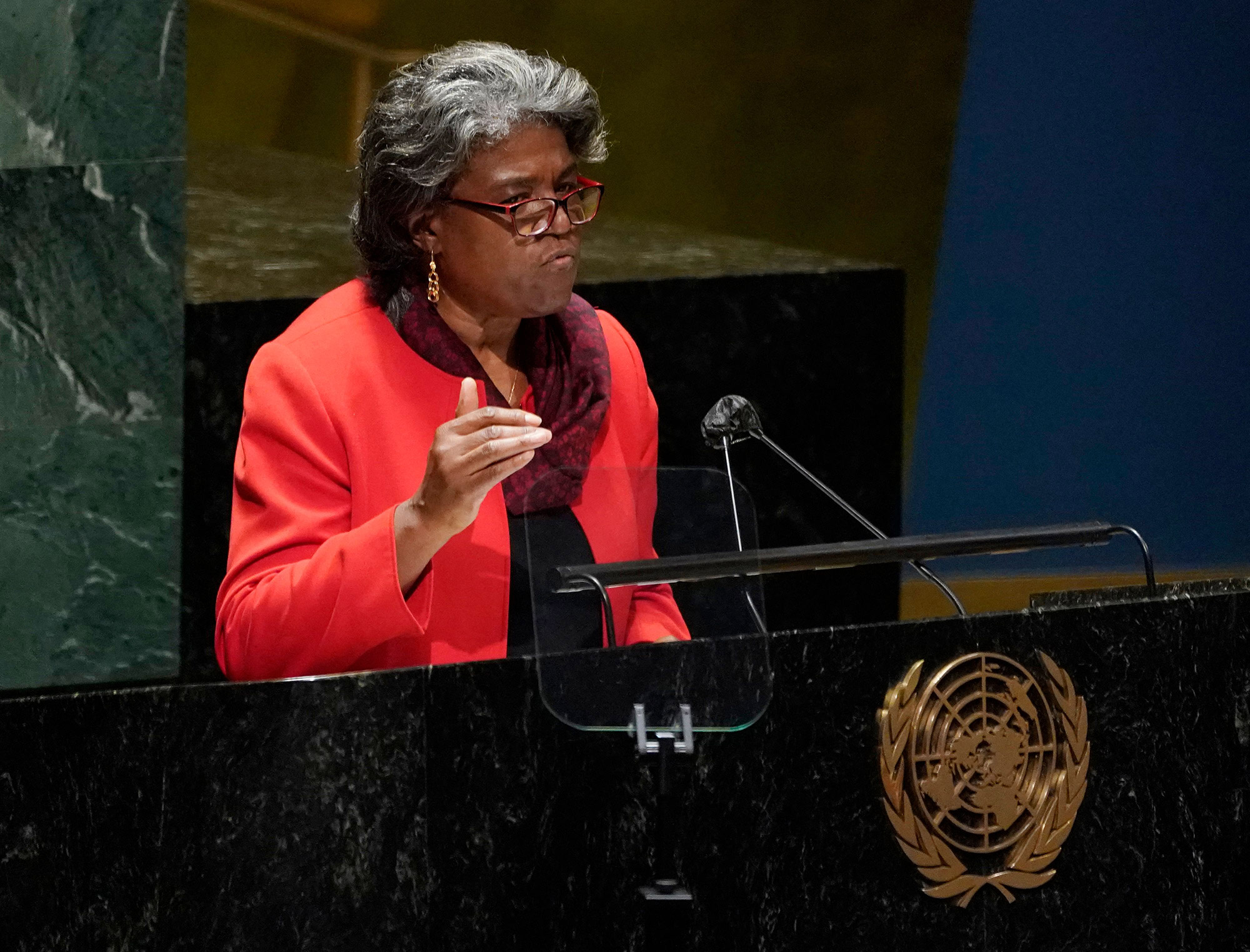 US Ambassador Linda Thomas-Greenfield speaks at the UN General Assembly meeting in New York on Wednesday.