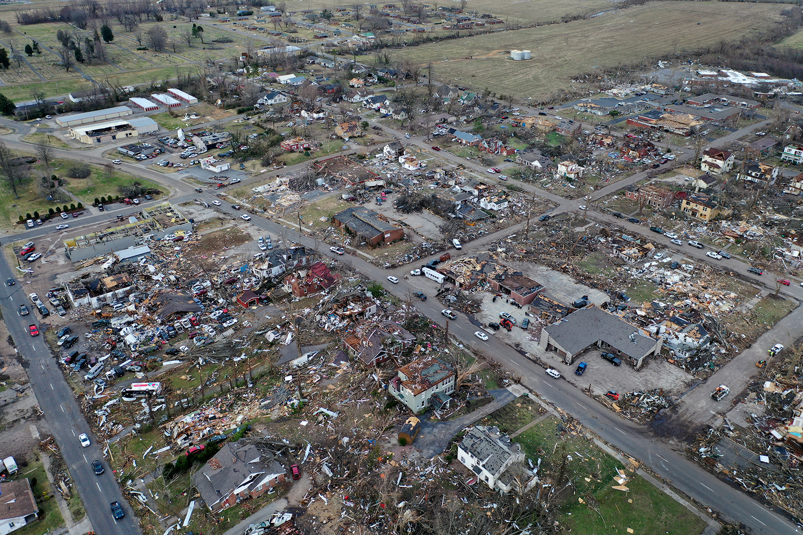 An aerial view of homes and business destroyed by a tornado on December 11, in Mayfield, Kentucky. (Scott Olson/Getty Images)