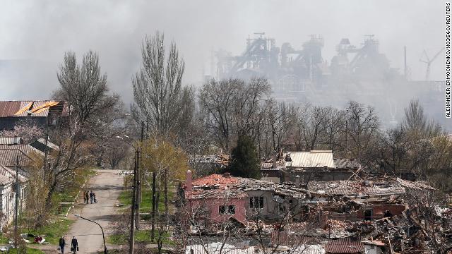 Smoke rises above Azovstal steel plant in Mariupol on April 18.