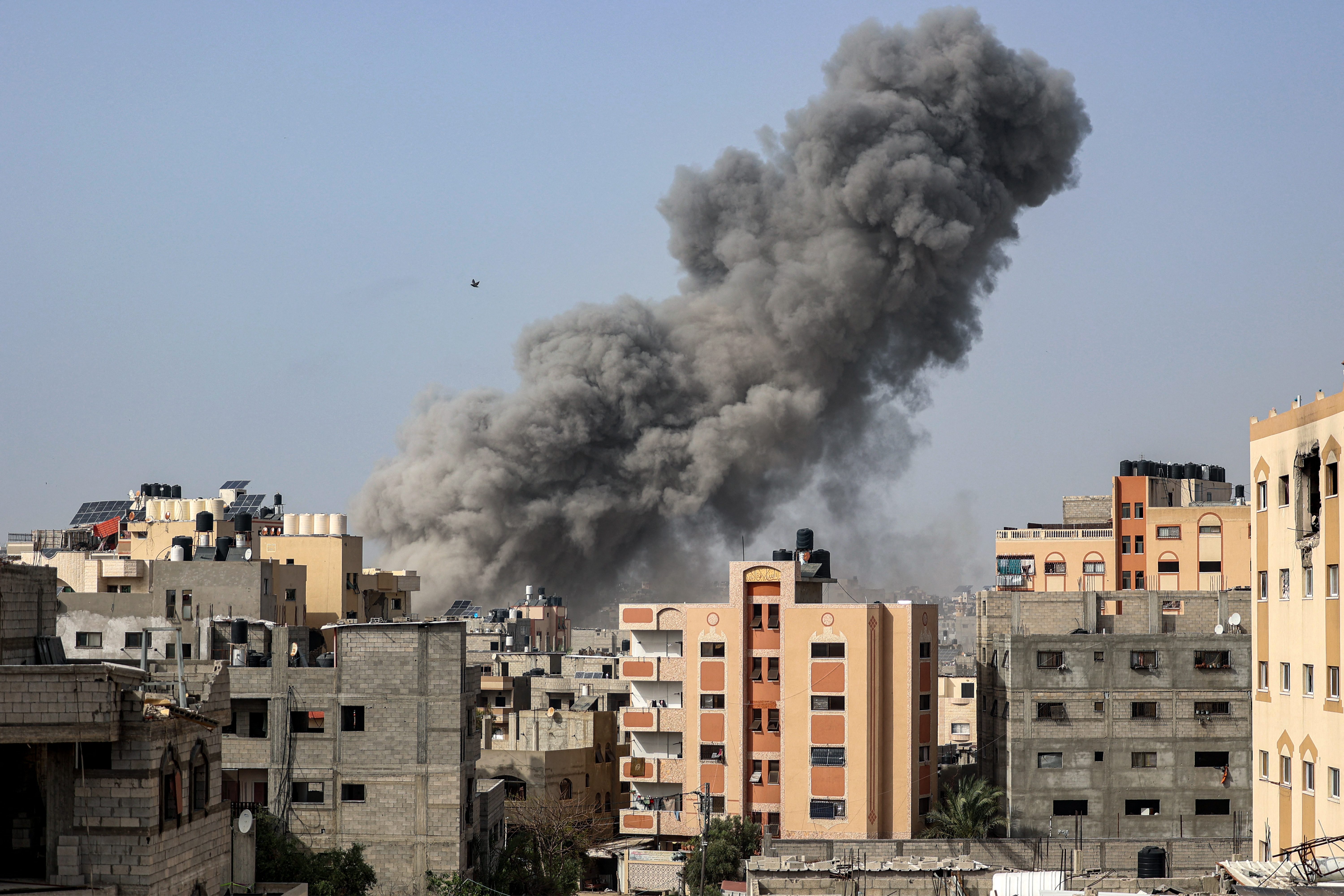 Smoke rises during an Israeli bombardment in Gaza City on April 18.