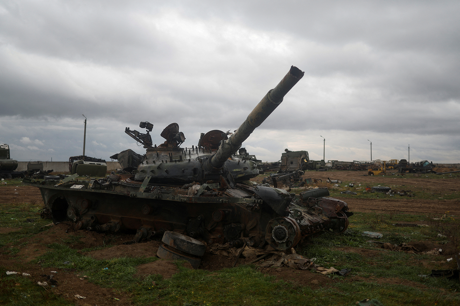 A destroyed Russian tank is seen in Chornobaivka, outside of Kherson, Ukraine on November 16, 2022.