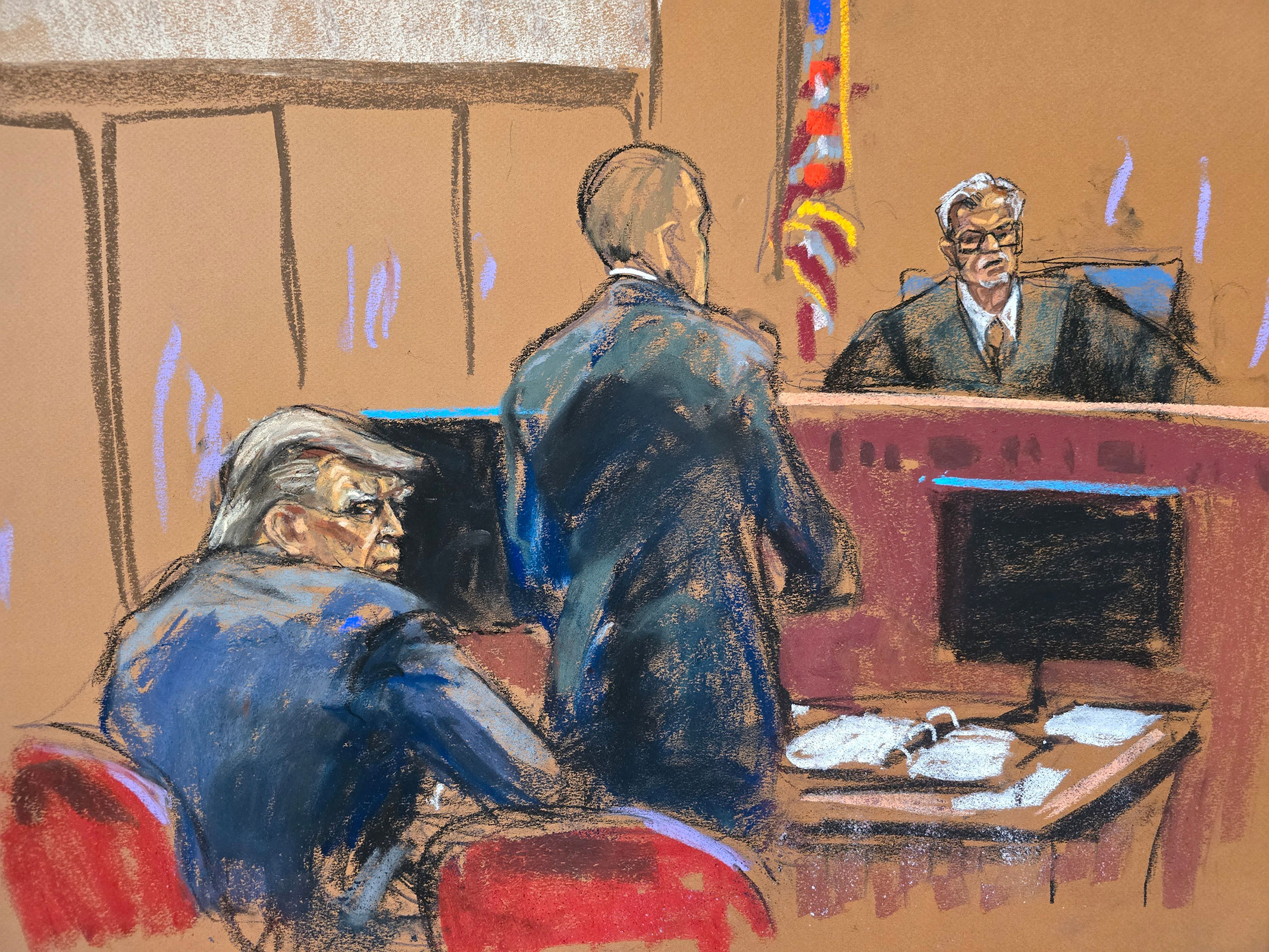 In this courtroom sketch, former President Donald Trump listens as his attorney Emil Bove argues during the Sandoval hearing.