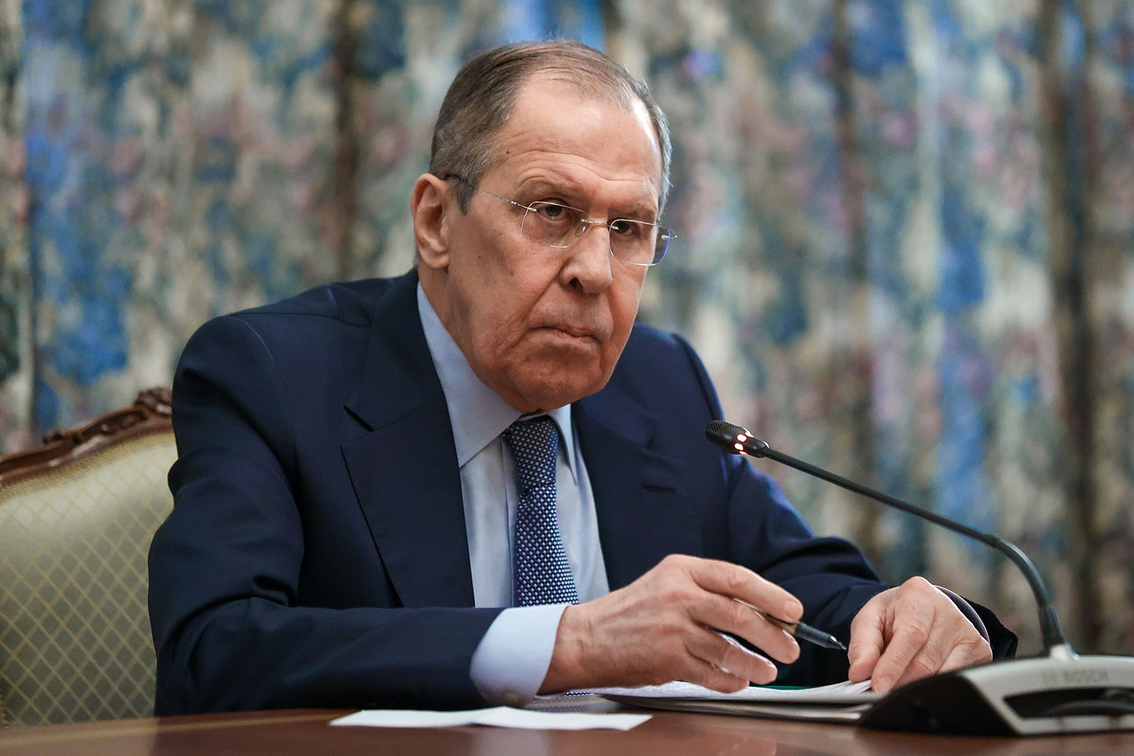 Russian Foreign Minister Sergey Lavrov holds a meeting in Moscow on February 25.