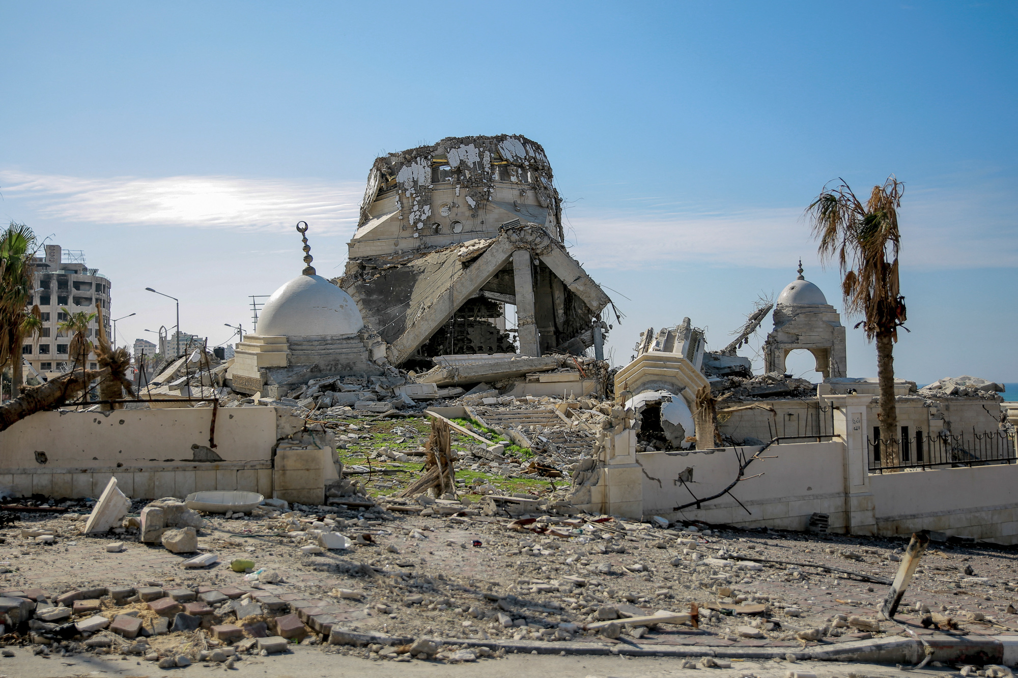 This picture taken on January 6, 2024, shows Gaza City's landmark Al-Hassaina Mosque, damaged in Israeli bombardment.