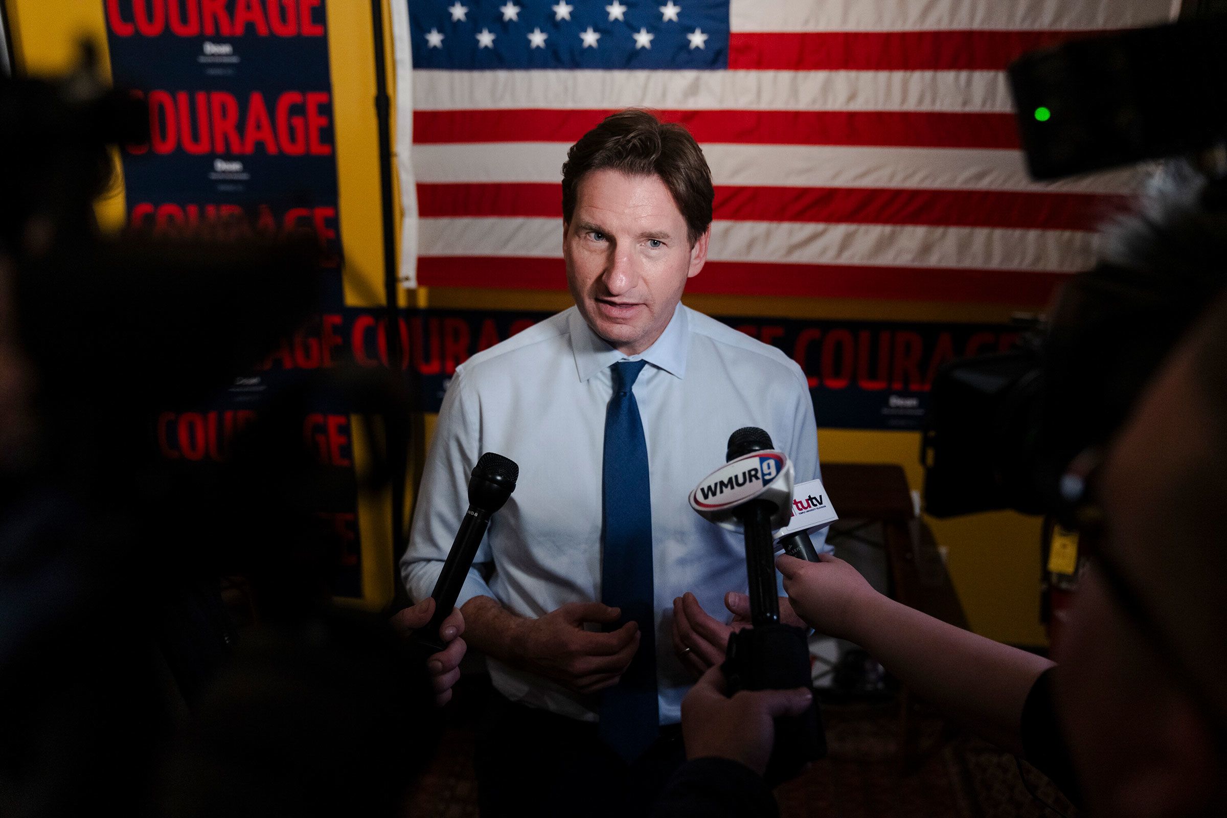 Rep. Dean Phillips speaks to reporters following a campaign stop in Concord, New Hampshire, on January 19.