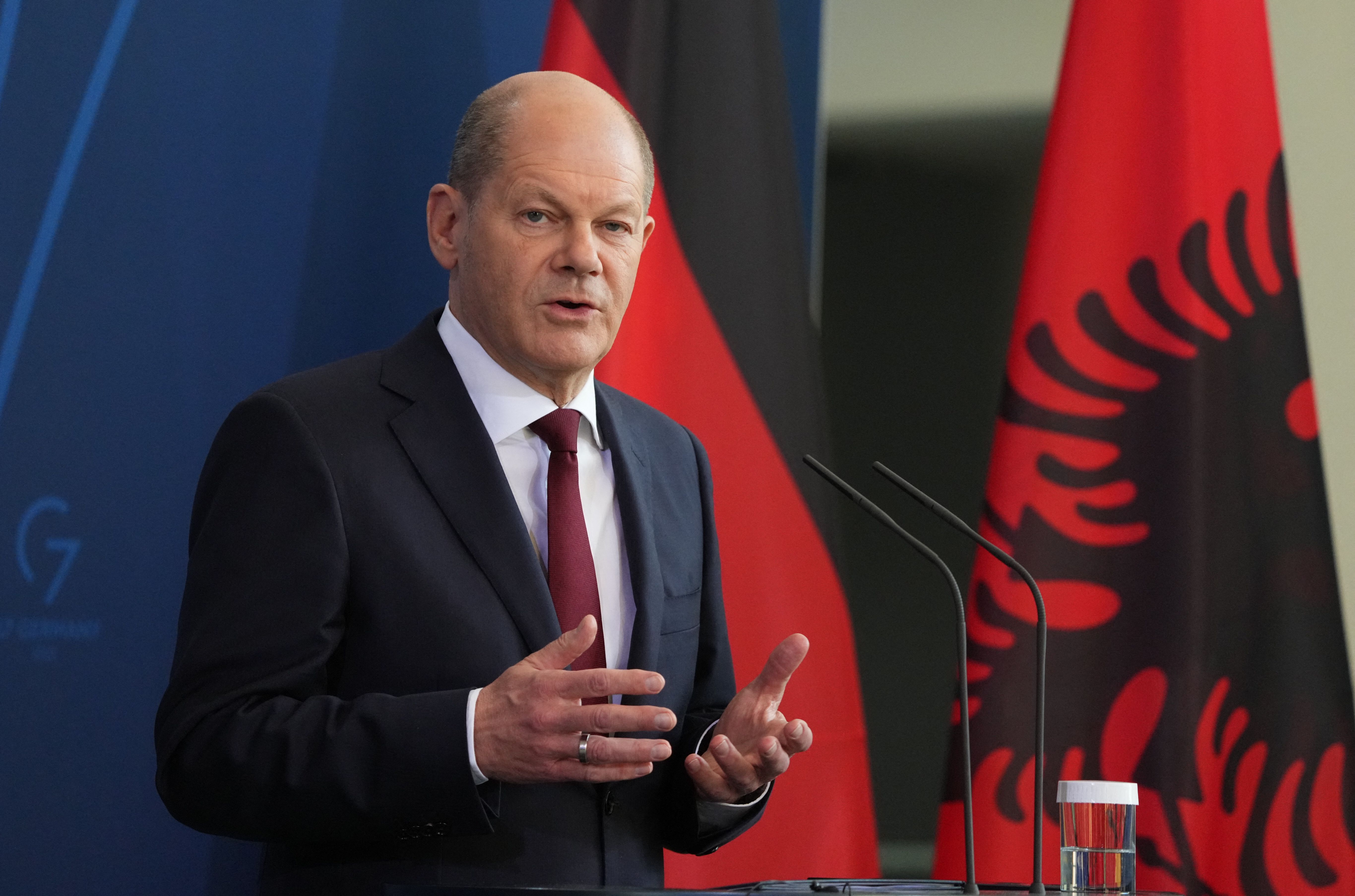 German Chancellor Olaf Scholz speaks at a press conference at the Chancellery in Berlin, Germany, on April 11.