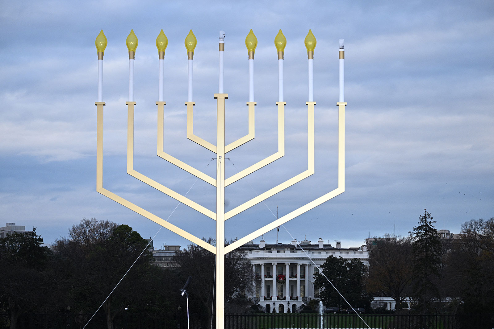 A large menorah  is seen ahead of the Annual National Menorah Lighting ceremony at the Ellipse of the White House in Washington, DC, on December 7.