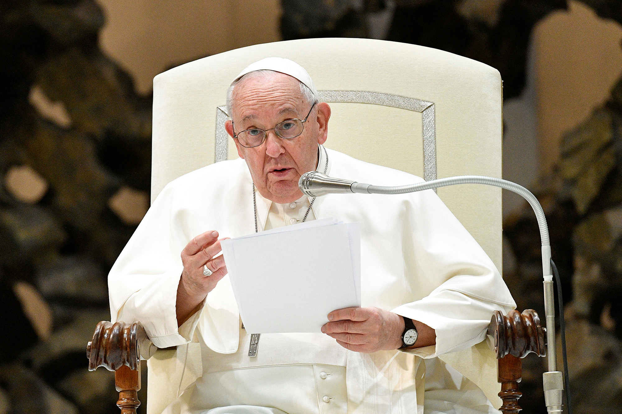 Pope Francis speaks during the weekly general audience at the Vatican, on February 22.