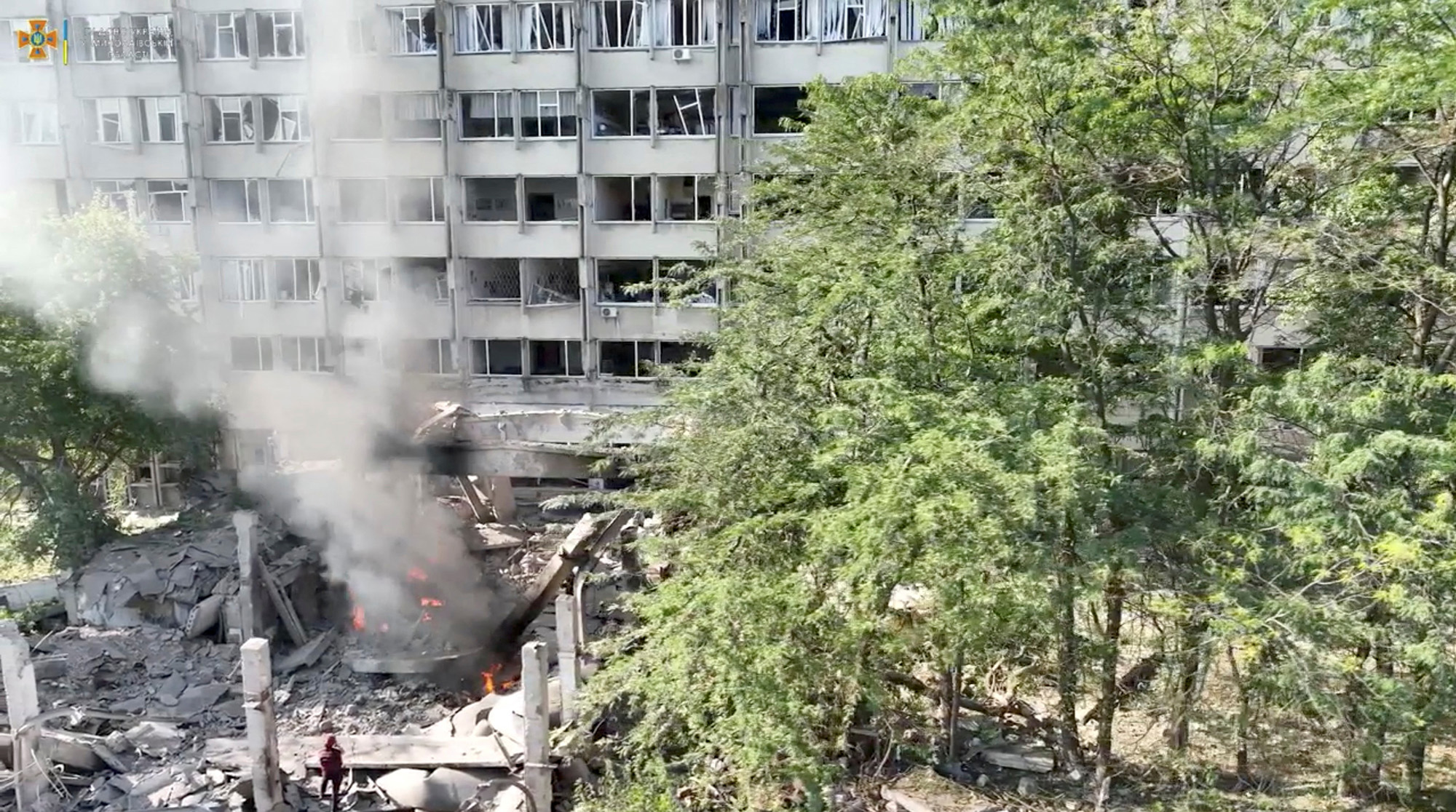 A general view of a building damaged by a Russian military strike in Mykolaiv, Ukraine, in this screen grab taken from a handout video released on July 15.