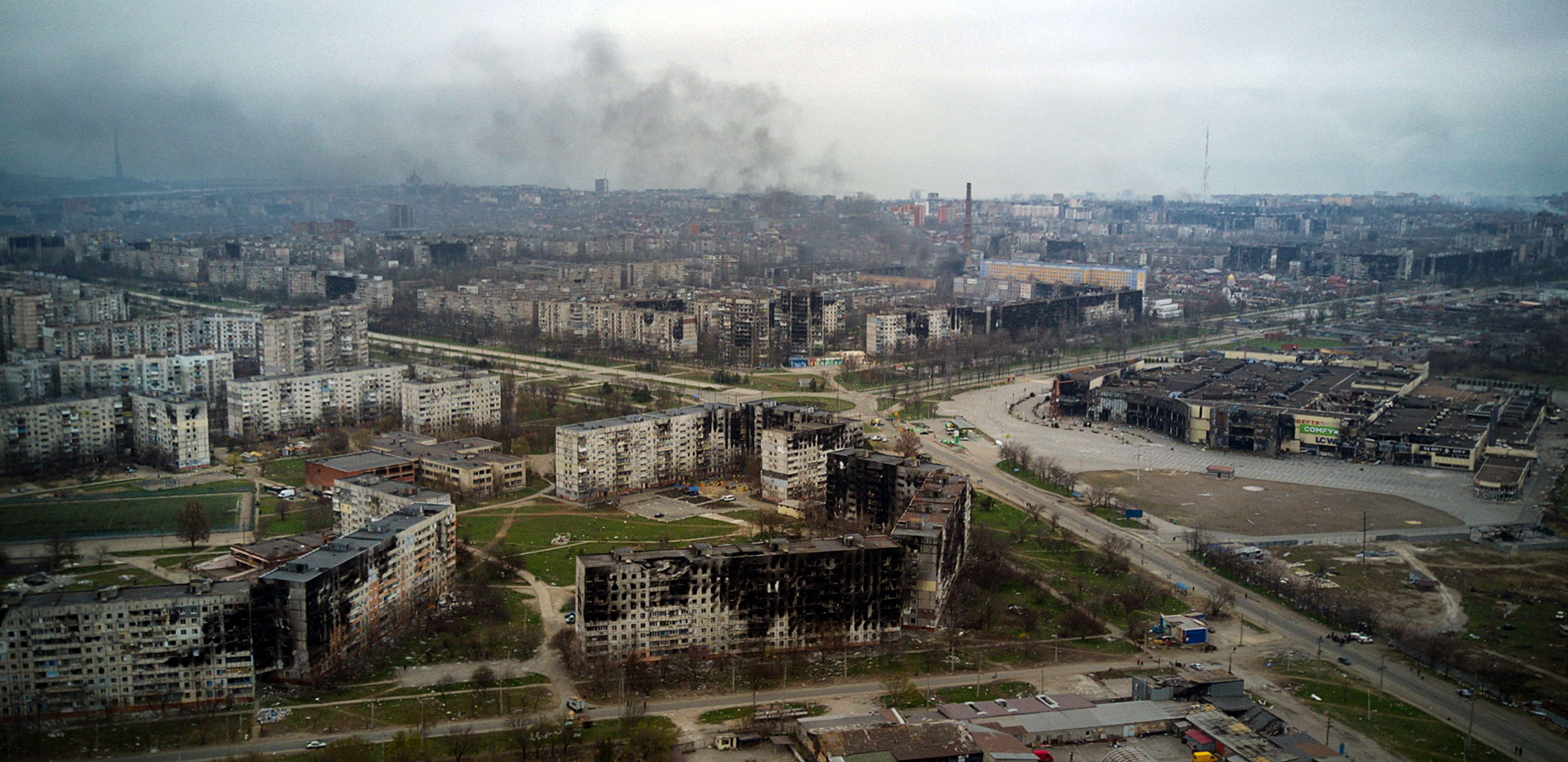 An aerial view taken on April 12, shows the city of Mariupol, Ukraine, after intense fighting.