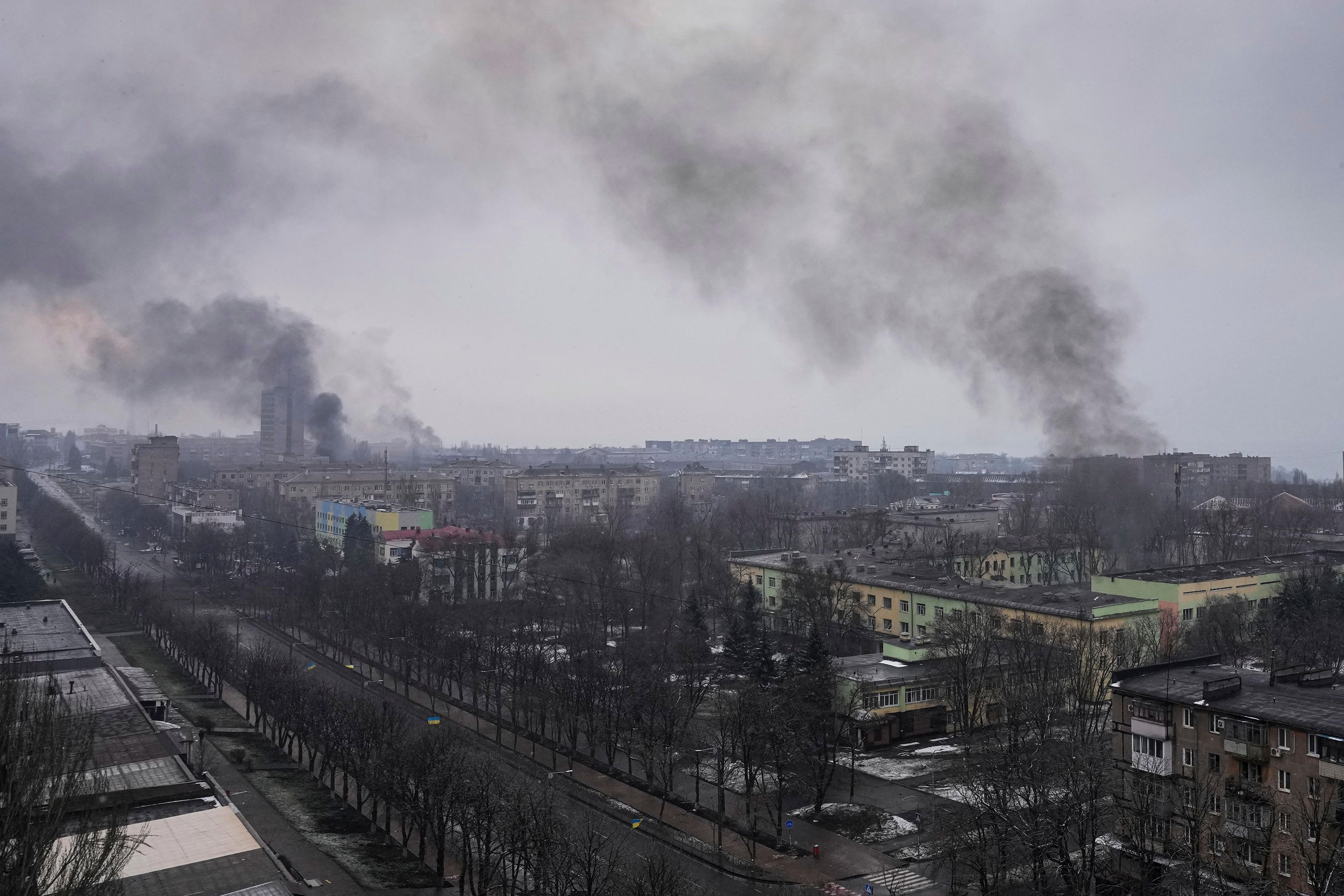 Smoke rises after shelling in Mariupol on March 9.