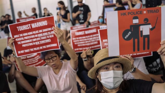 The scene greeting passengers arriving at Hong Kong's international airport during protests.