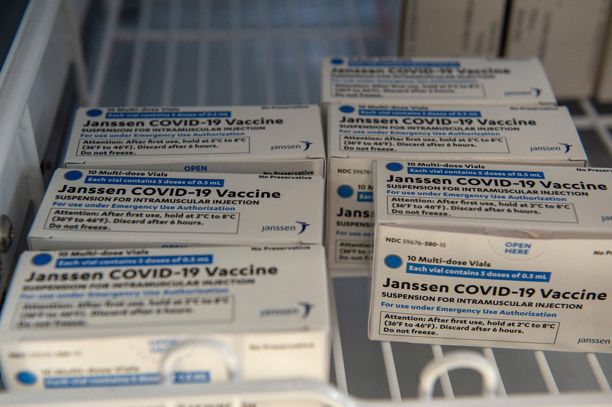 Johnson & Johnson Covid-19 Janssen Vaccine boxes sit in a locked refrigerator at the US Department of Veterans Affairs' VA Boston Healthcare System's Jamaica Plain Medical Center in Boston on March 4.