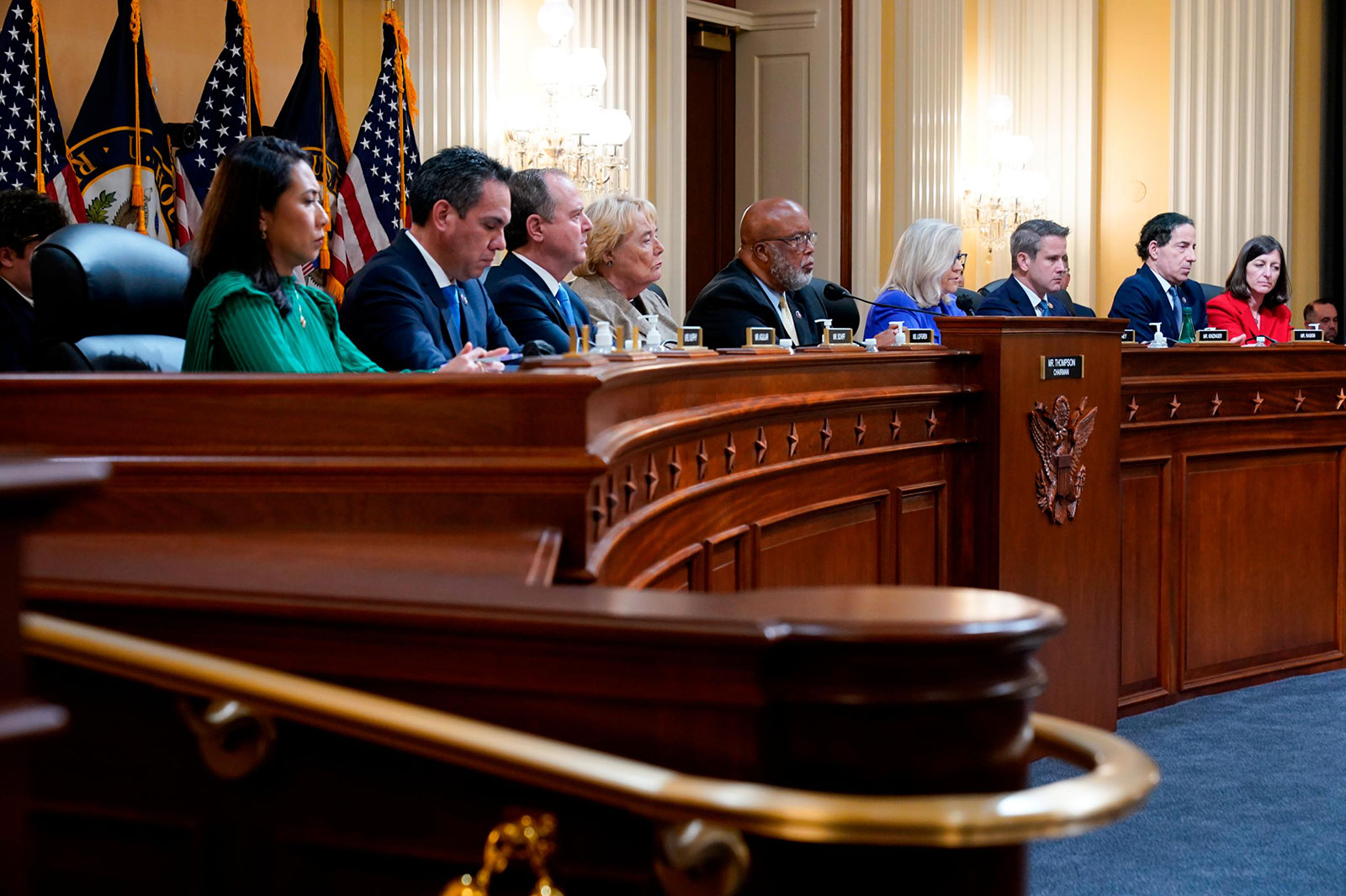 From left to right, Rep. Stephanie Murphy, Rep. Pete Aguilar, Rep. Adam Schiff, Rep. Zoe Lofgren, Chair Rep. Bennie Thompson, Vice chair Rep. Liz Cheney, Rep. Adam Kinzinger, Rep. Jamie Raskin and Rep. Elaine Luria are seated in the House select committee hearing on June 9. 