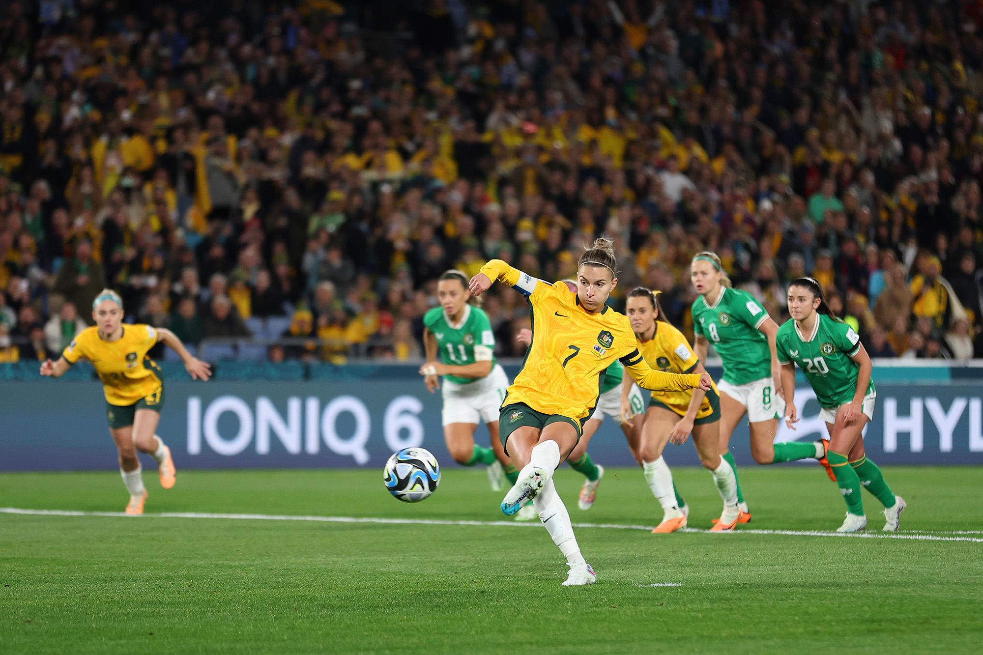 Steph Catley of Australia converts the penalty to score the team's first goal during the FIFA Women's World Cup Australia & New Zealand 2023 Group B match between Australia and Ireland at Stadium Australia on July 20.
