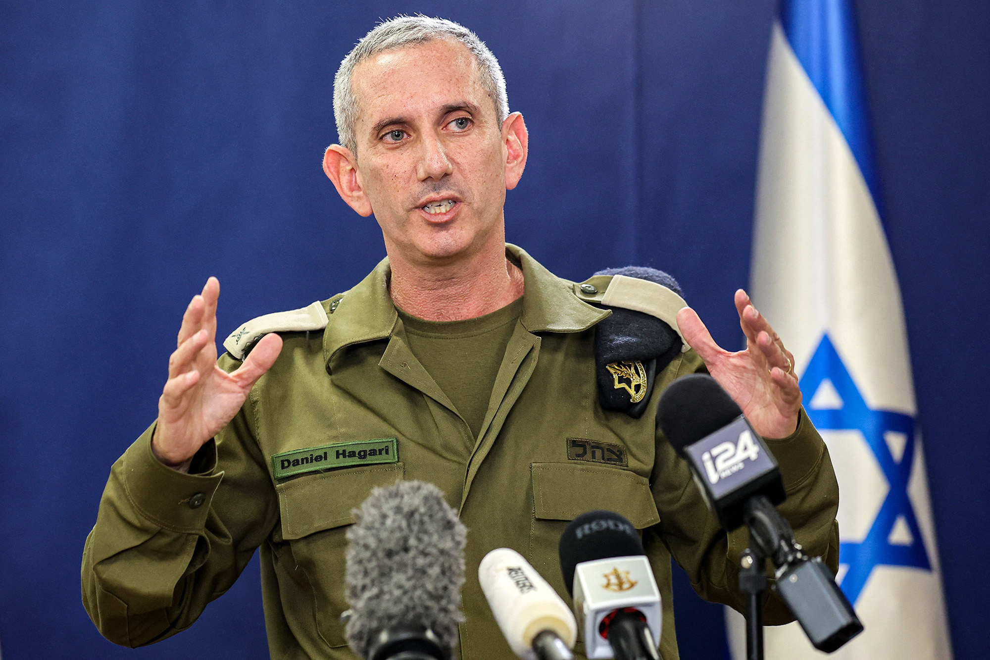 Israeli army spokesman Rear Admiral Daniel Hagari speaks to the press from The Kirya in Tel Aviv, Israel, on October 18.