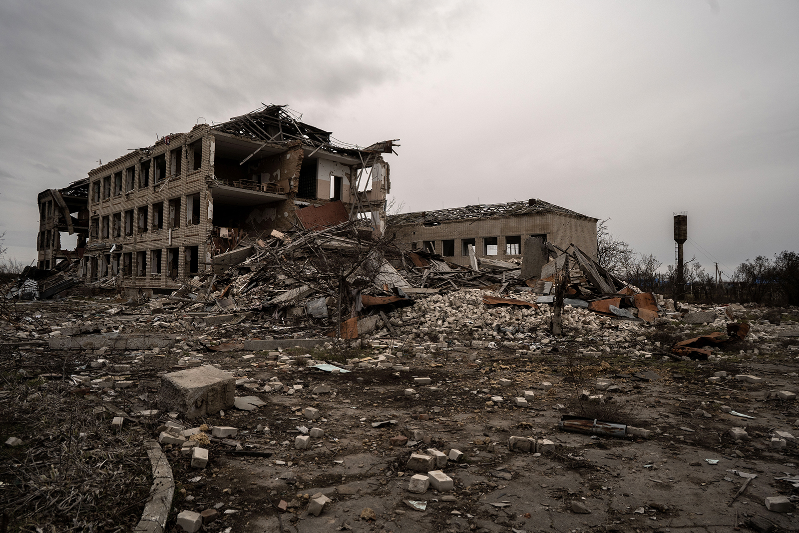 A destroyed school building is seen following an attack in Kherson Oblast, Ukraine on February 19.
