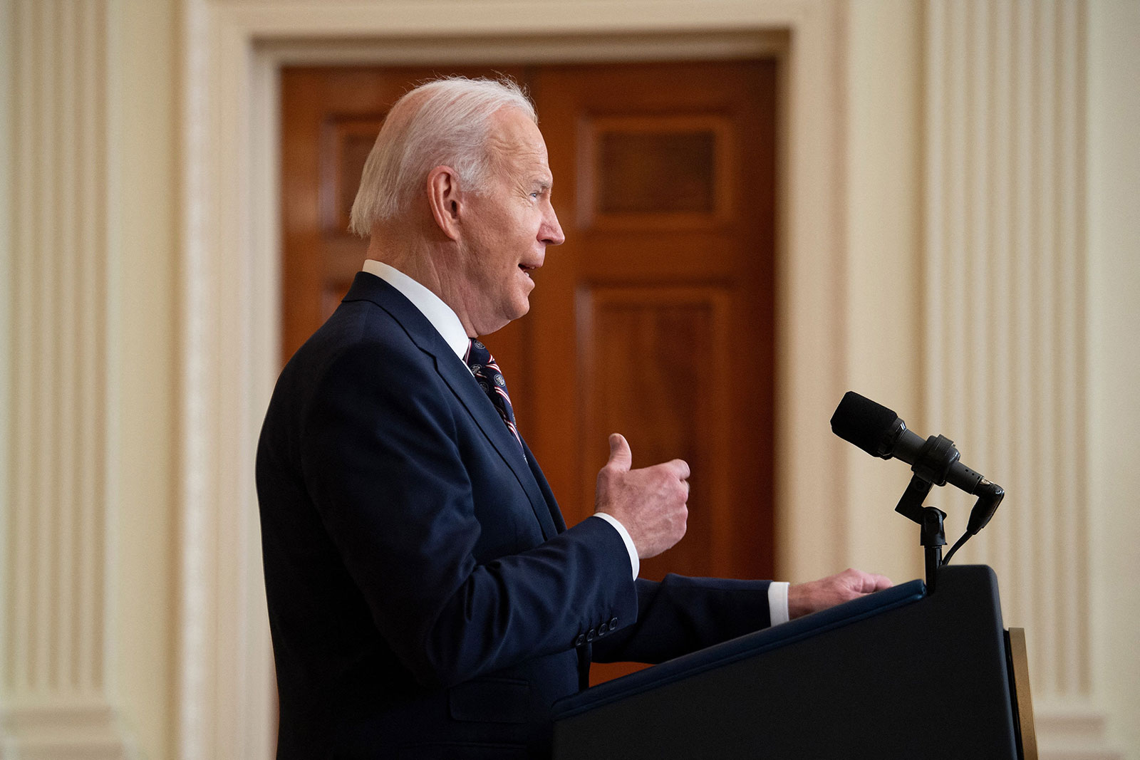 US President Joe Biden speaks from the East Room of the White House on February 22.