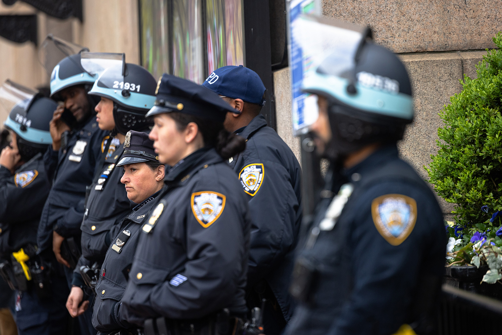 NYPD officers stand guard outside of Columbia University on April 24, in New York City. 